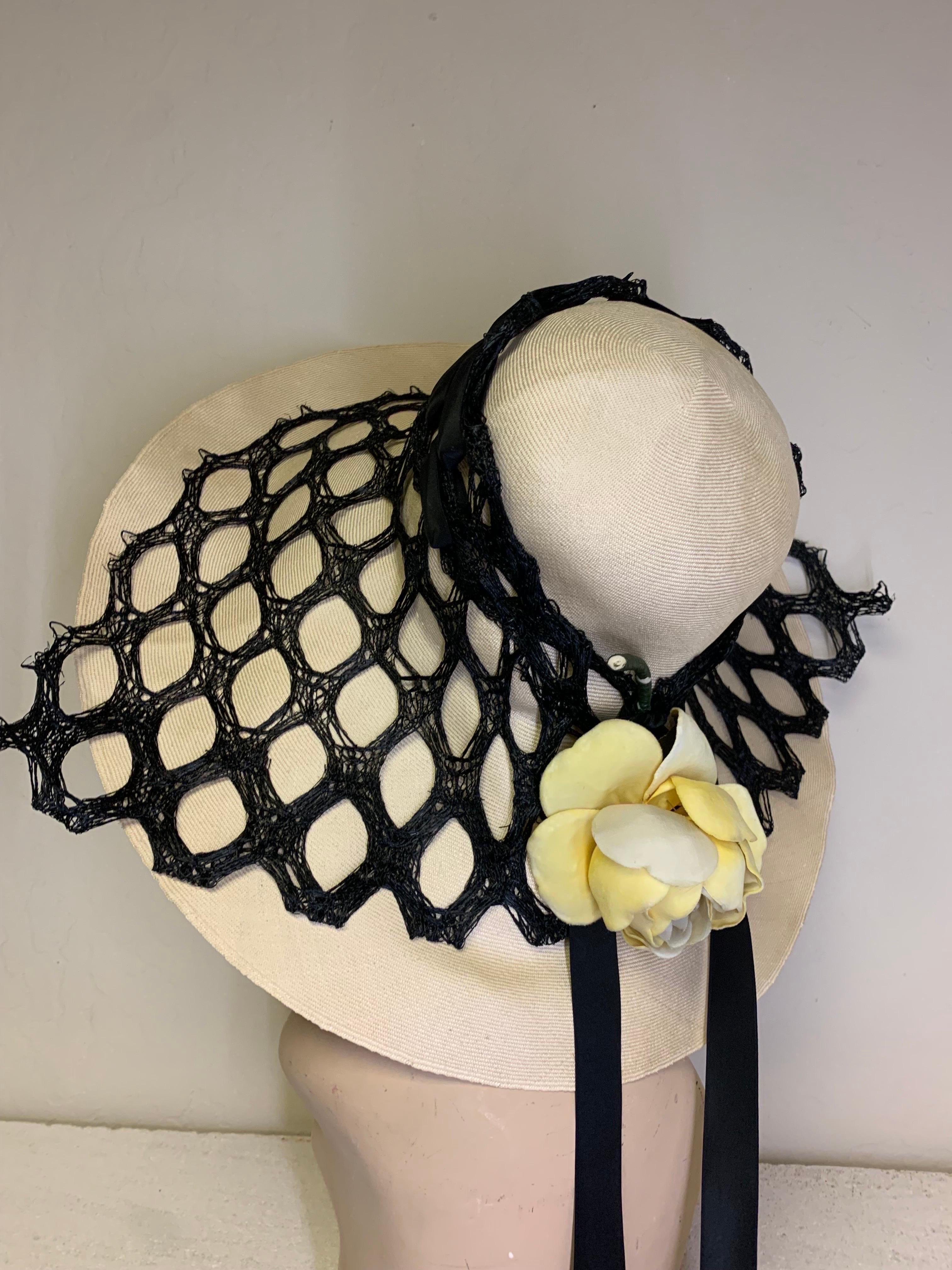 Extraordinary 1960s Adolfo Natural Straw Beach Hat w Black Mesh Drape & Rose For Sale 3