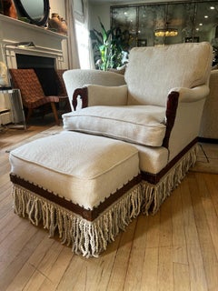 Extraordinary 19th C. Antique Carved Mahogany w/Linen Club Chair and Ottoman