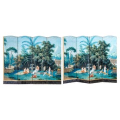 Extraordinaire paravent peint à 8 panneaux du 19ème siècle, « Paysage italien »