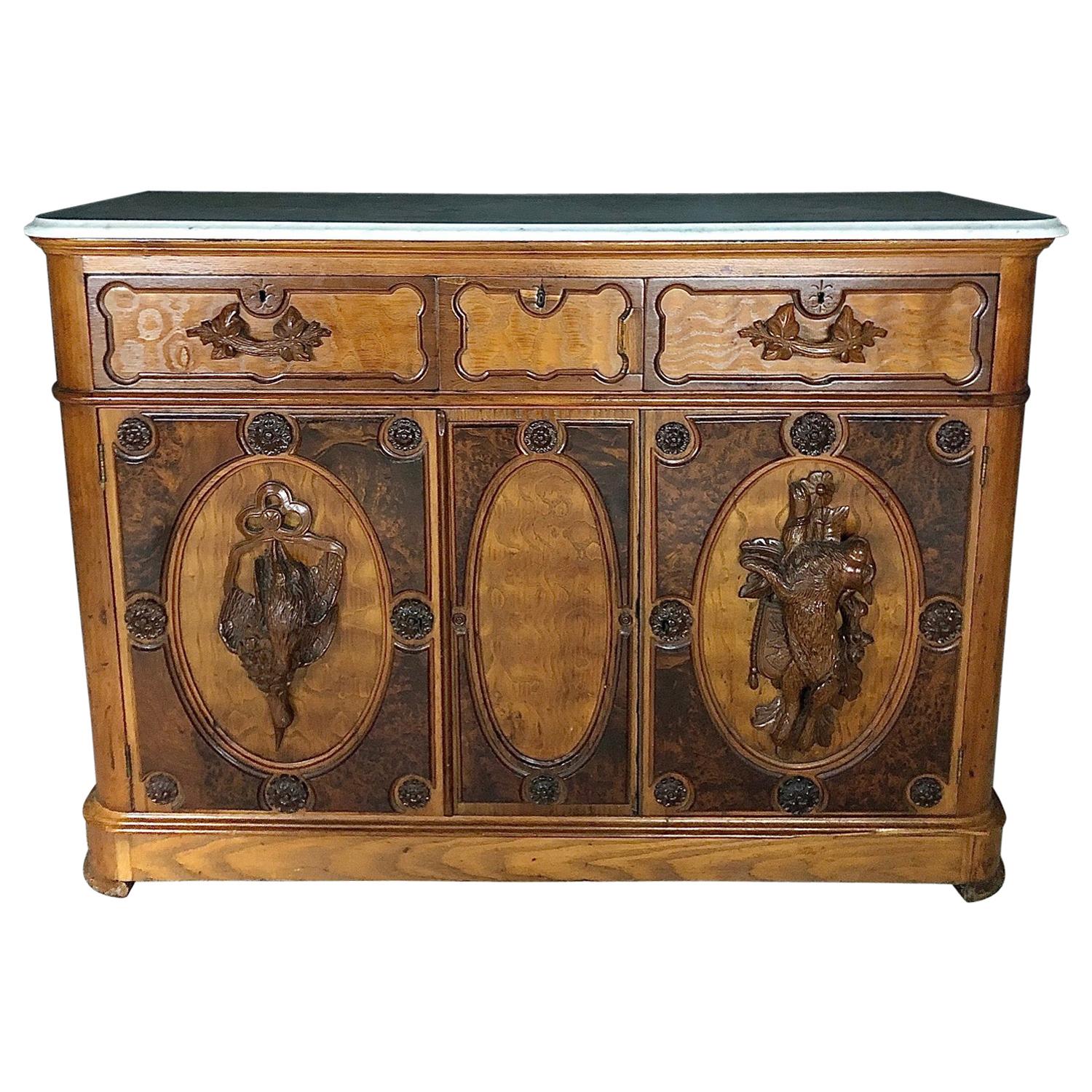 Extraordinary 19th Century French Carved Hunt Cabinet Buffet with Carrara Marble