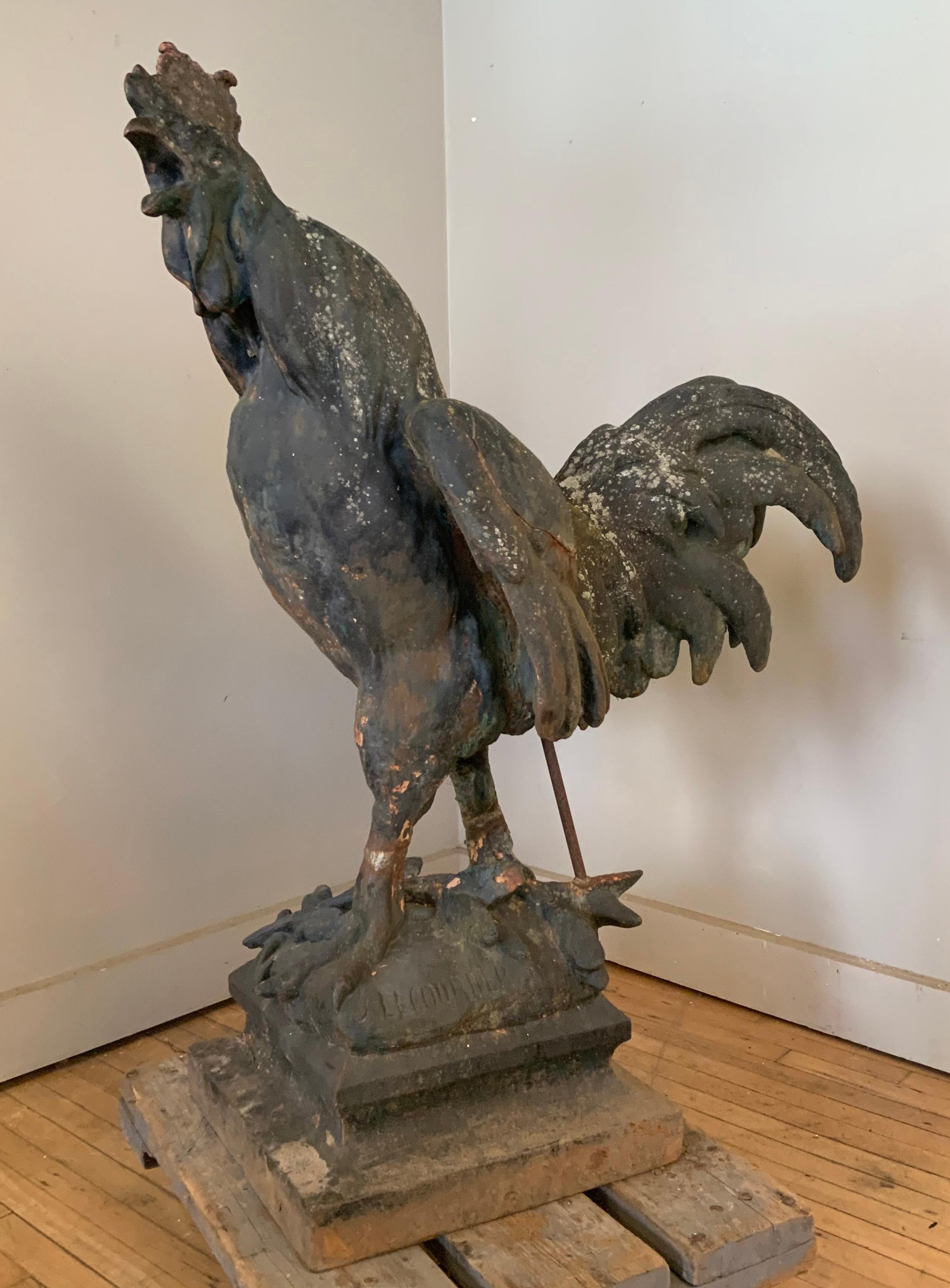 An extraordinary 19th century large French Cast Iron Rooster Sculpture. 

Amazing form, scale, and details. Large and expressive, this is arguably the best French Iron Rooster ever made. Pictures do not do this one justice!

there are repairs to