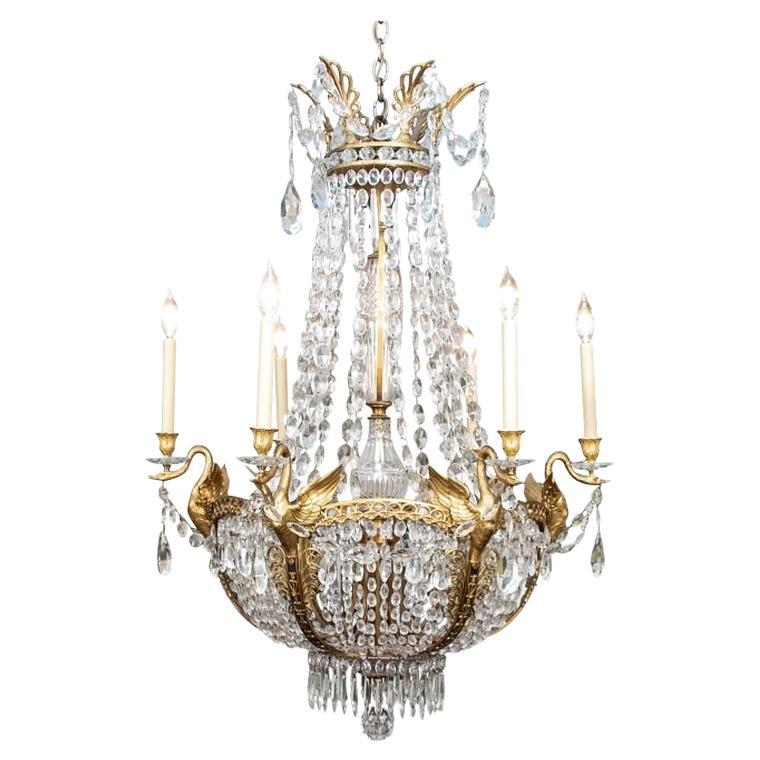Extraordinary 19th Century Gilt Metal And Crystal Swan Form Chandelier