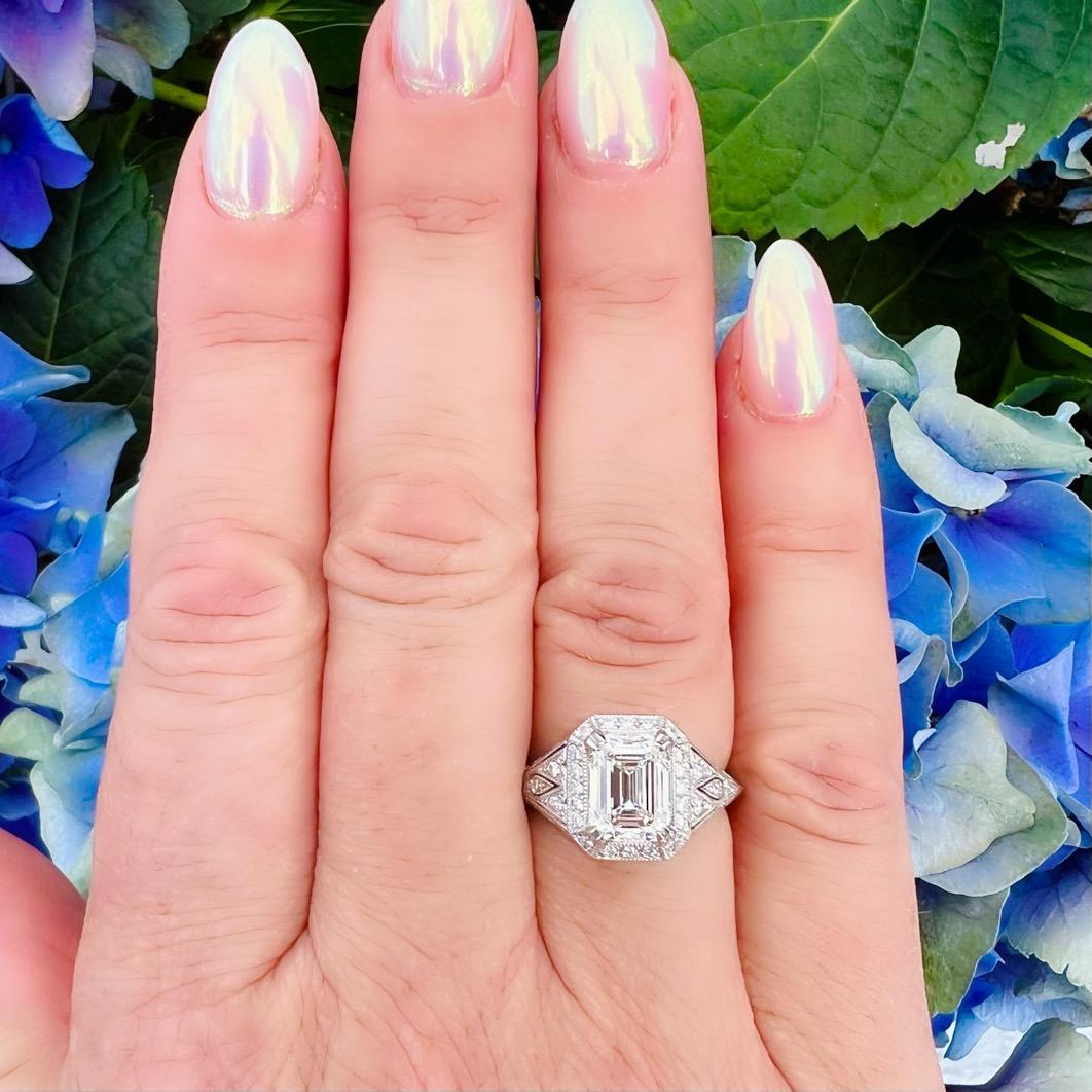 Extraordinary 2.01ct Emerald Cut Art Deco Style Platinum Diamond Ring For Sale 2