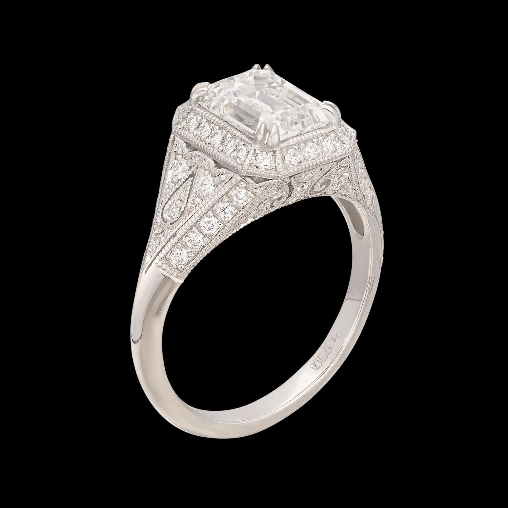 Extraordinary 2.01ct Emerald Cut Art Deco Style Platinum Diamond Ring For Sale 3