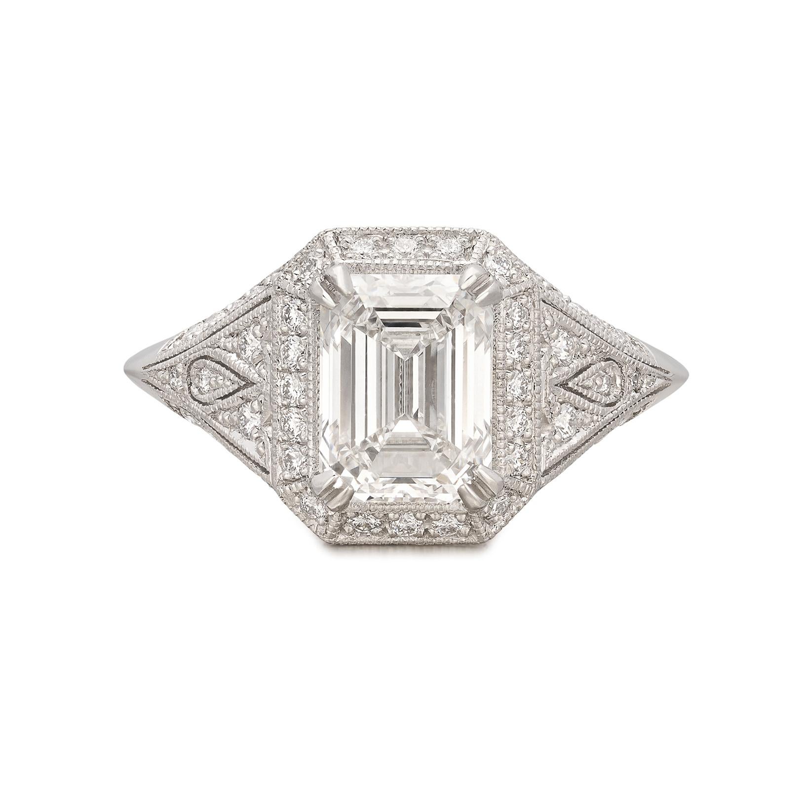 Extraordinary 2.01ct Emerald Cut Art Deco Style Platinum Diamond Ring For Sale 4