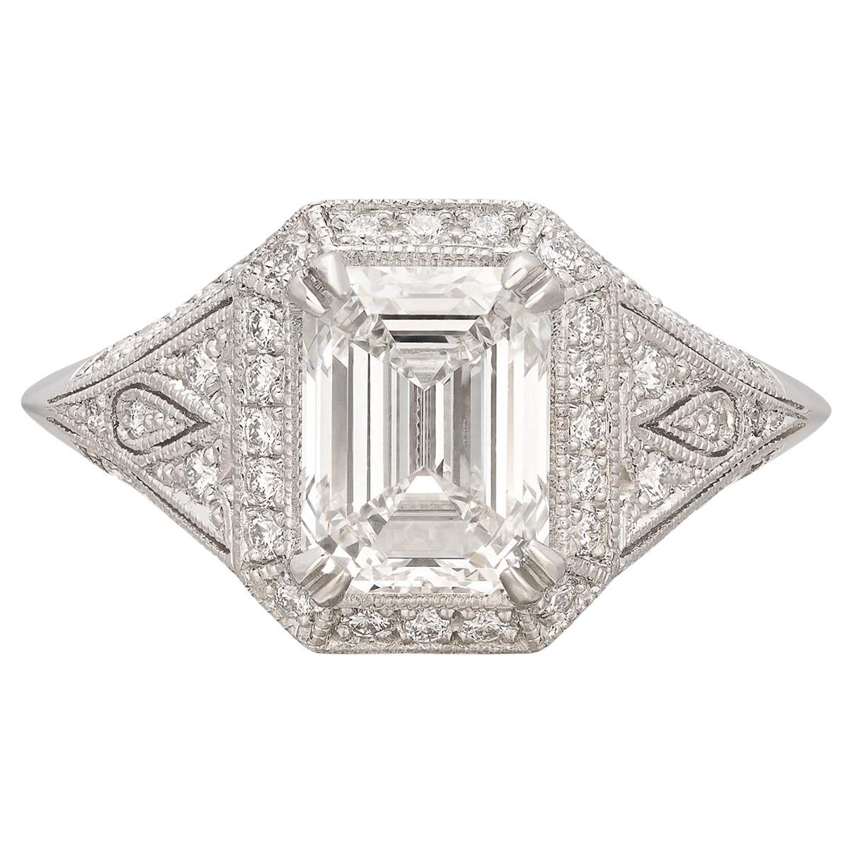 Extraordinary 2.01ct Emerald Cut Art Deco Style Platinum Diamond Ring For Sale