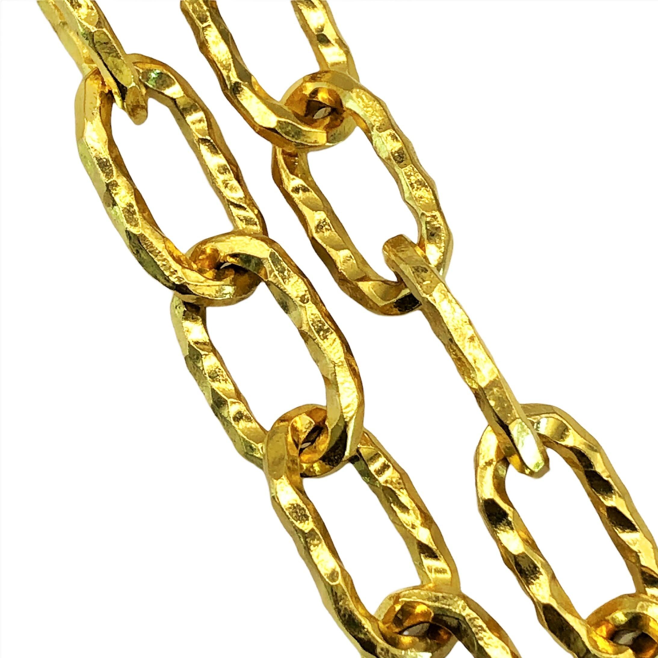 This unusually long and intricately hand worked 22K yellow gold Jean Mahie 30 inch neck chain is really quite exceptional. Each link, measuring a full 7/8 inches by 1/2 inches, is individually hand hammered over it's entire surface.  The very rich