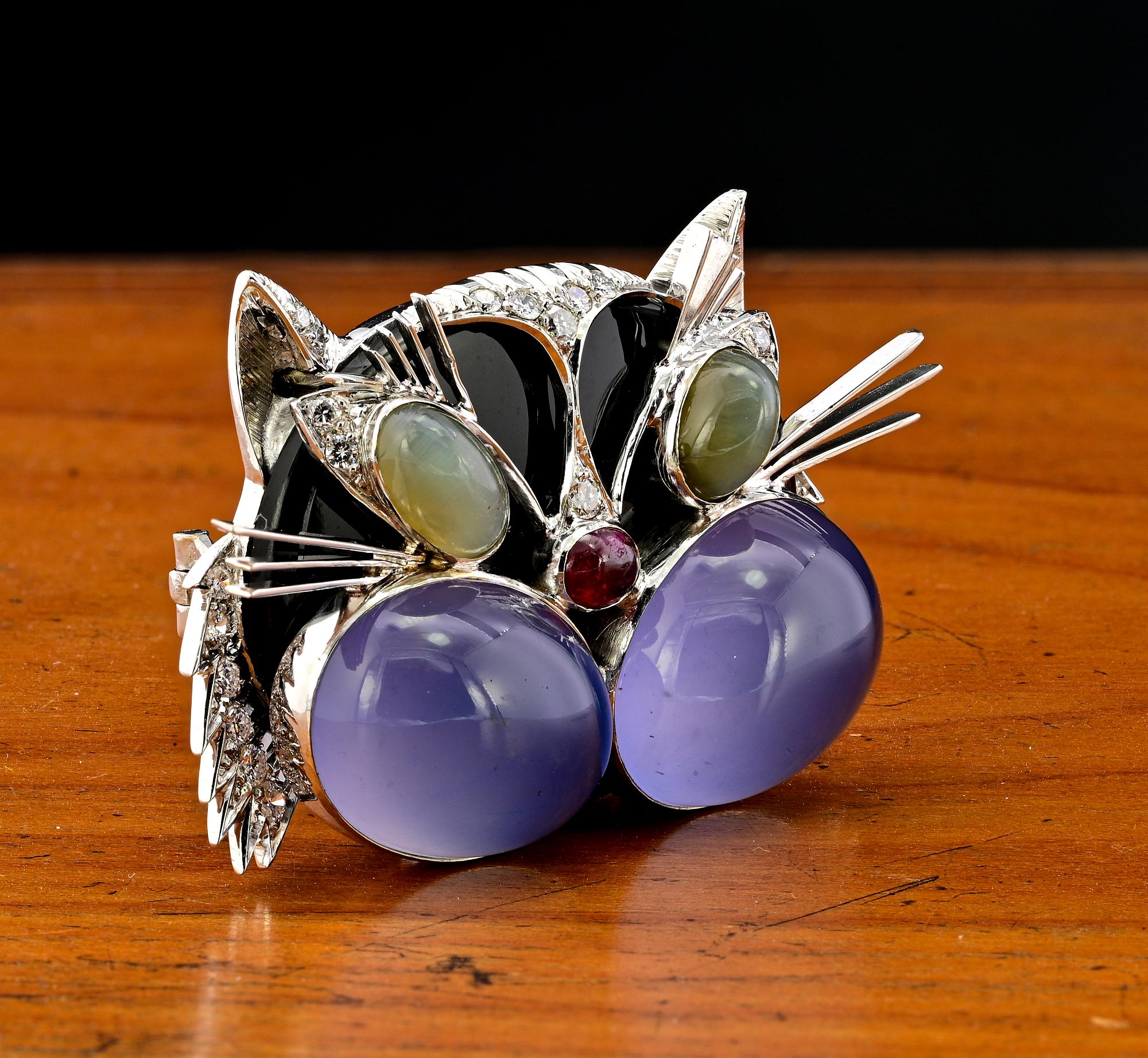 Extraordinary 30.00 Ct Blue Moonstone Gemset Fancy Cat Brooch 18 KT In Good Condition For Sale In Napoli, IT