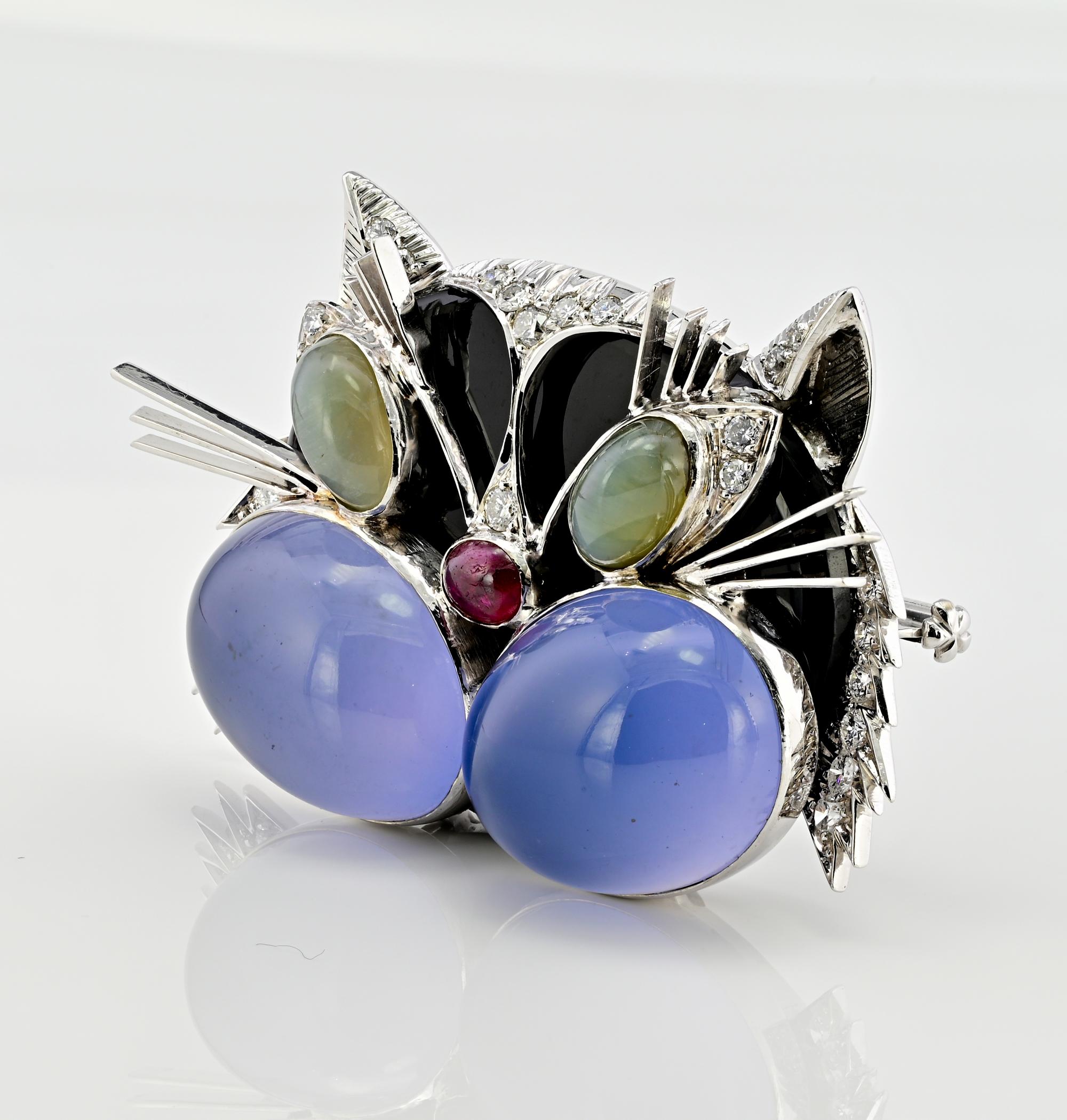 Women's or Men's Extraordinary 30.00 Ct Blue Moonstone Gemset Fancy Cat Brooch 18 KT For Sale