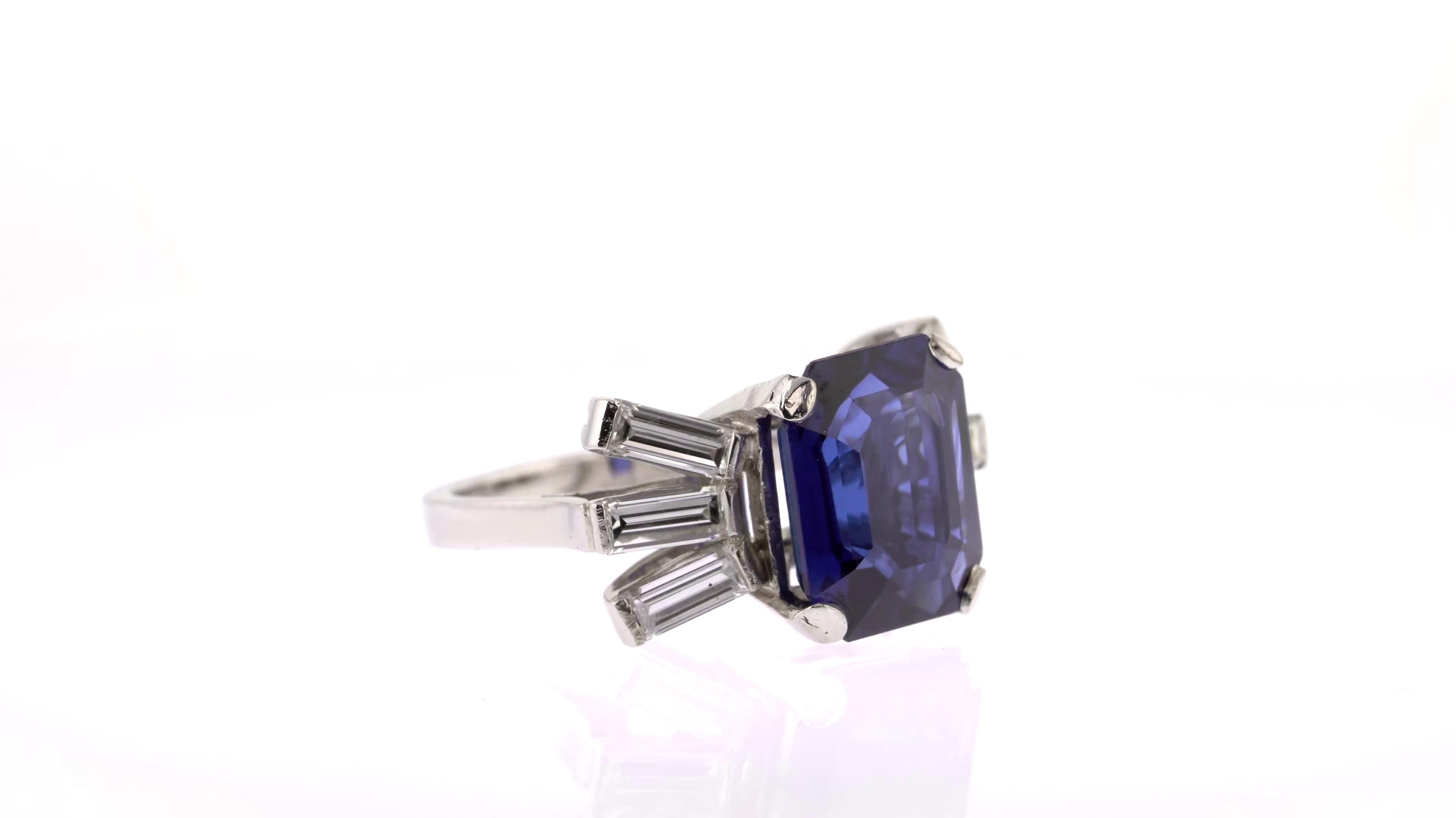 Octagon Cut Extraordinary 5 Carat Sapphire and White Diamond Ring in Platinum For Sale