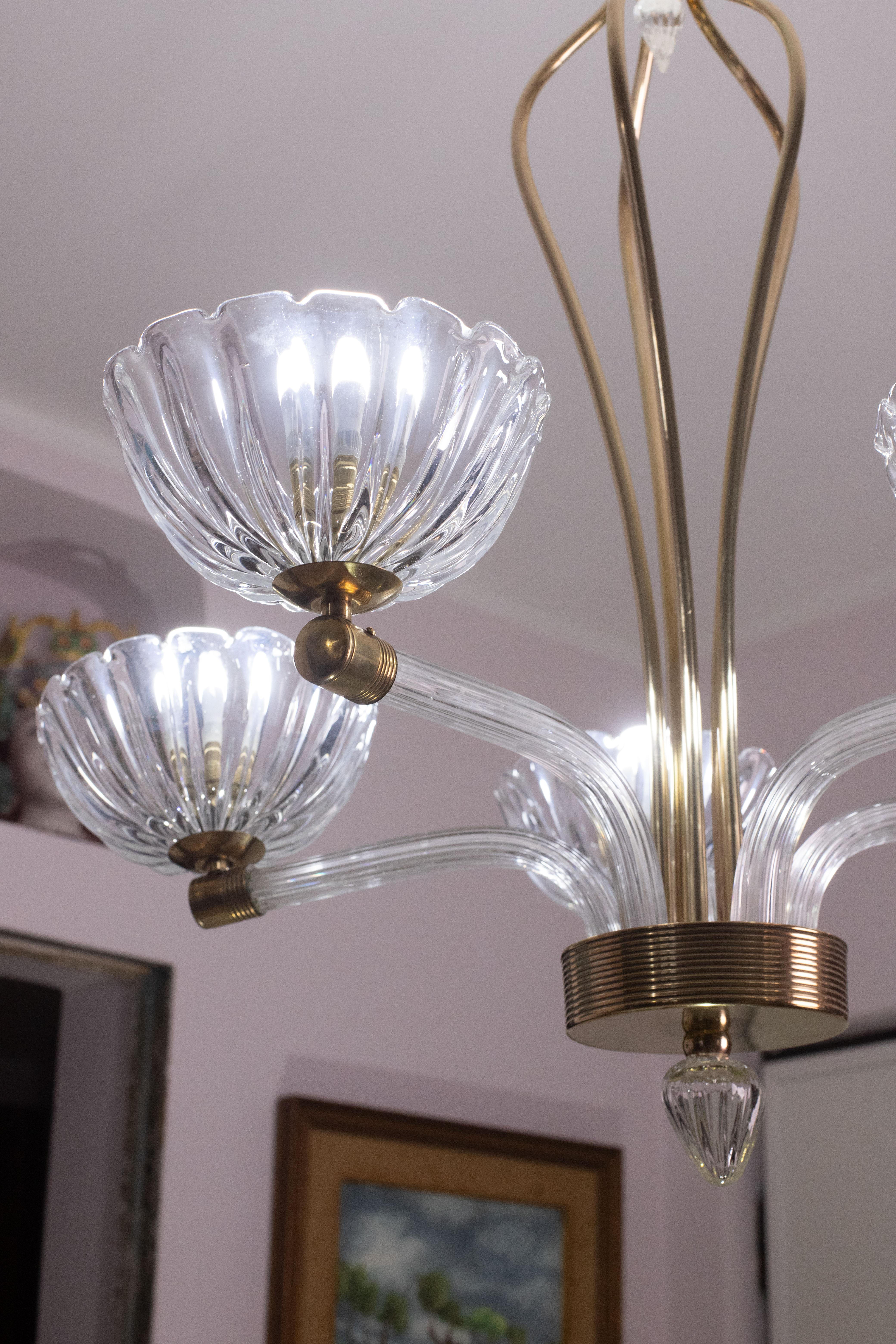 Extraordinary 5 Light Art Deco Murano Glass and Brass Chandelier by Barovier For Sale 5