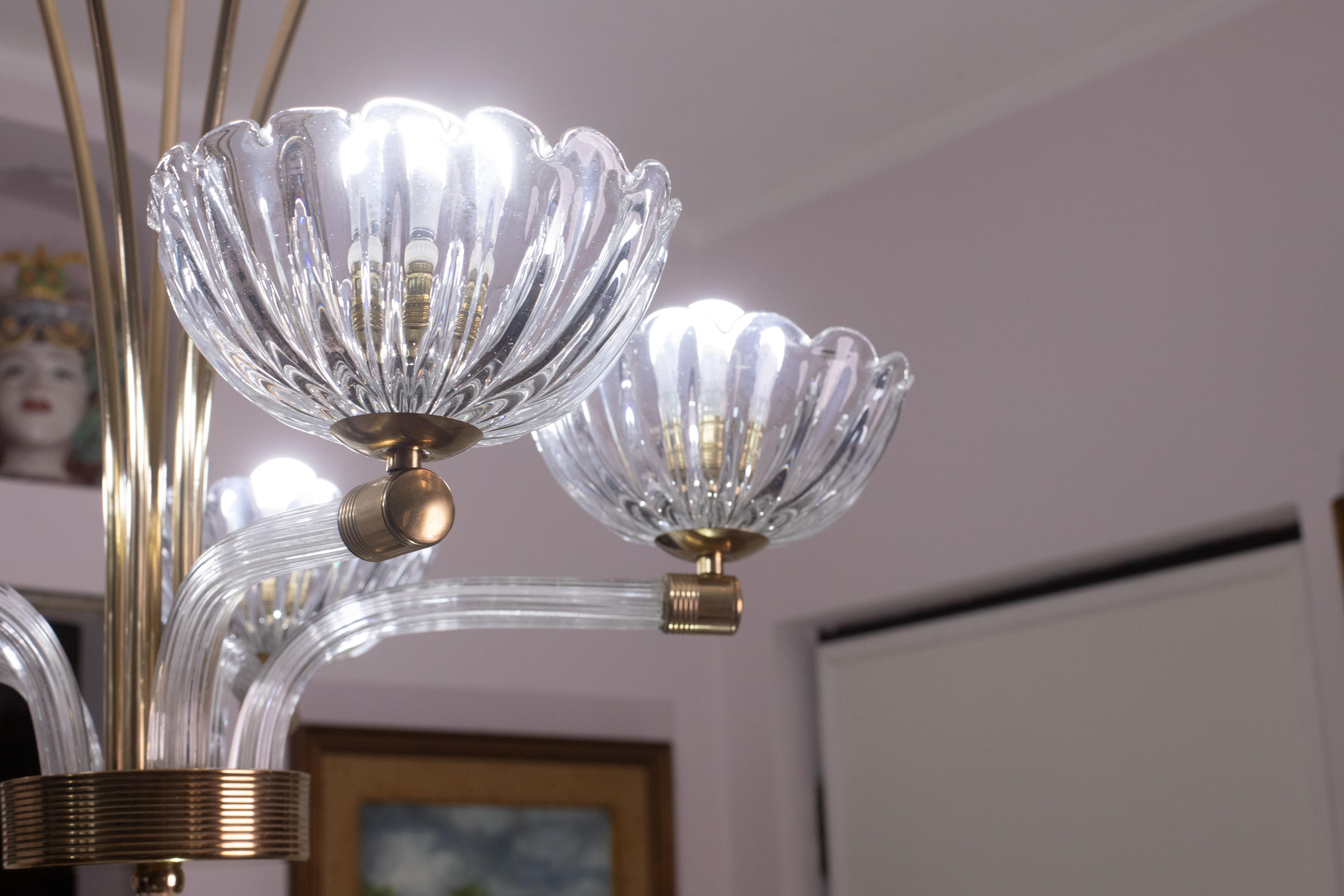 Extraordinary 5 Light Art Deco Murano Glass and Brass Chandelier by Barovier For Sale 7