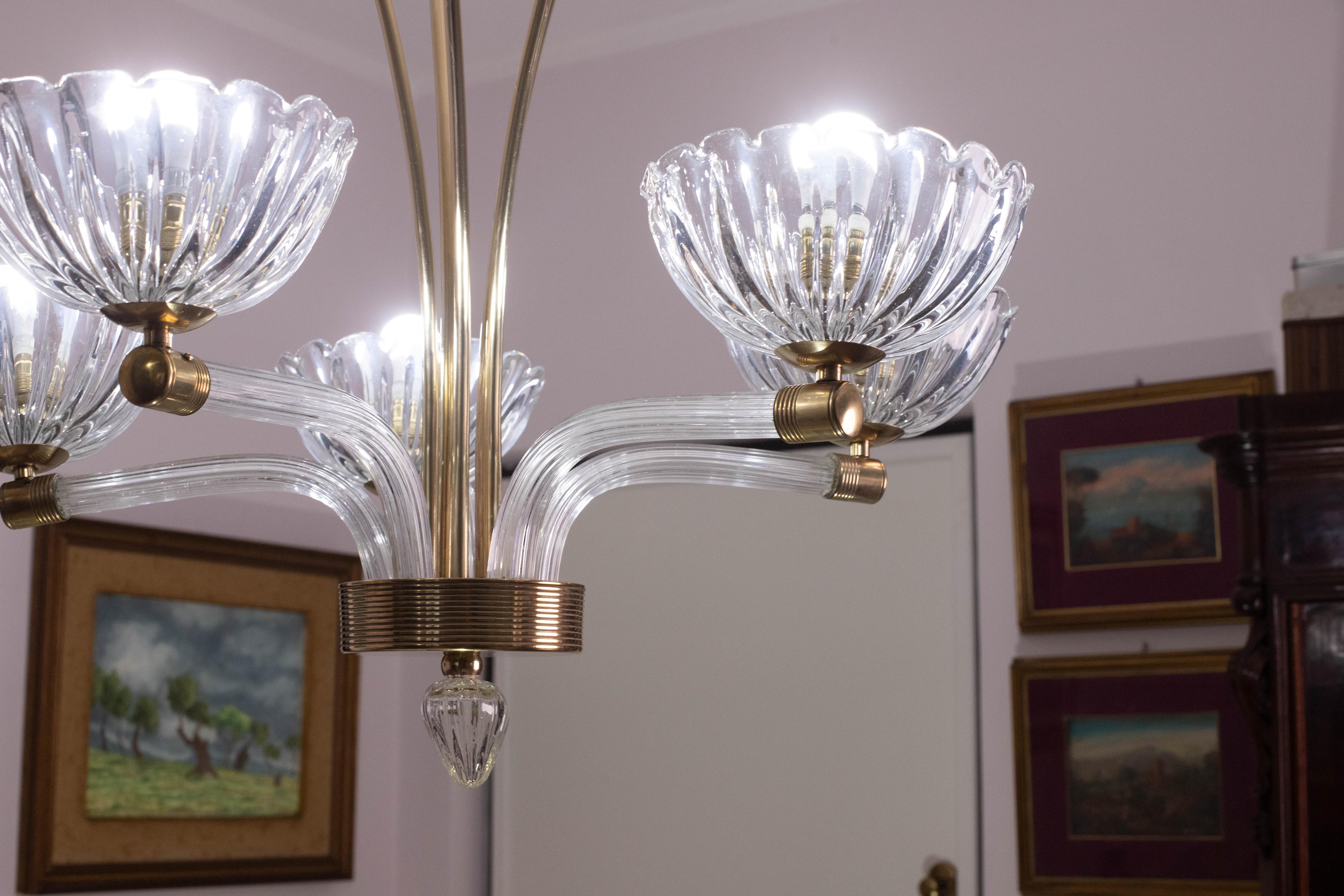 Extraordinary 5 Light Art Deco Murano Glass and Brass Chandelier by Barovier For Sale 8