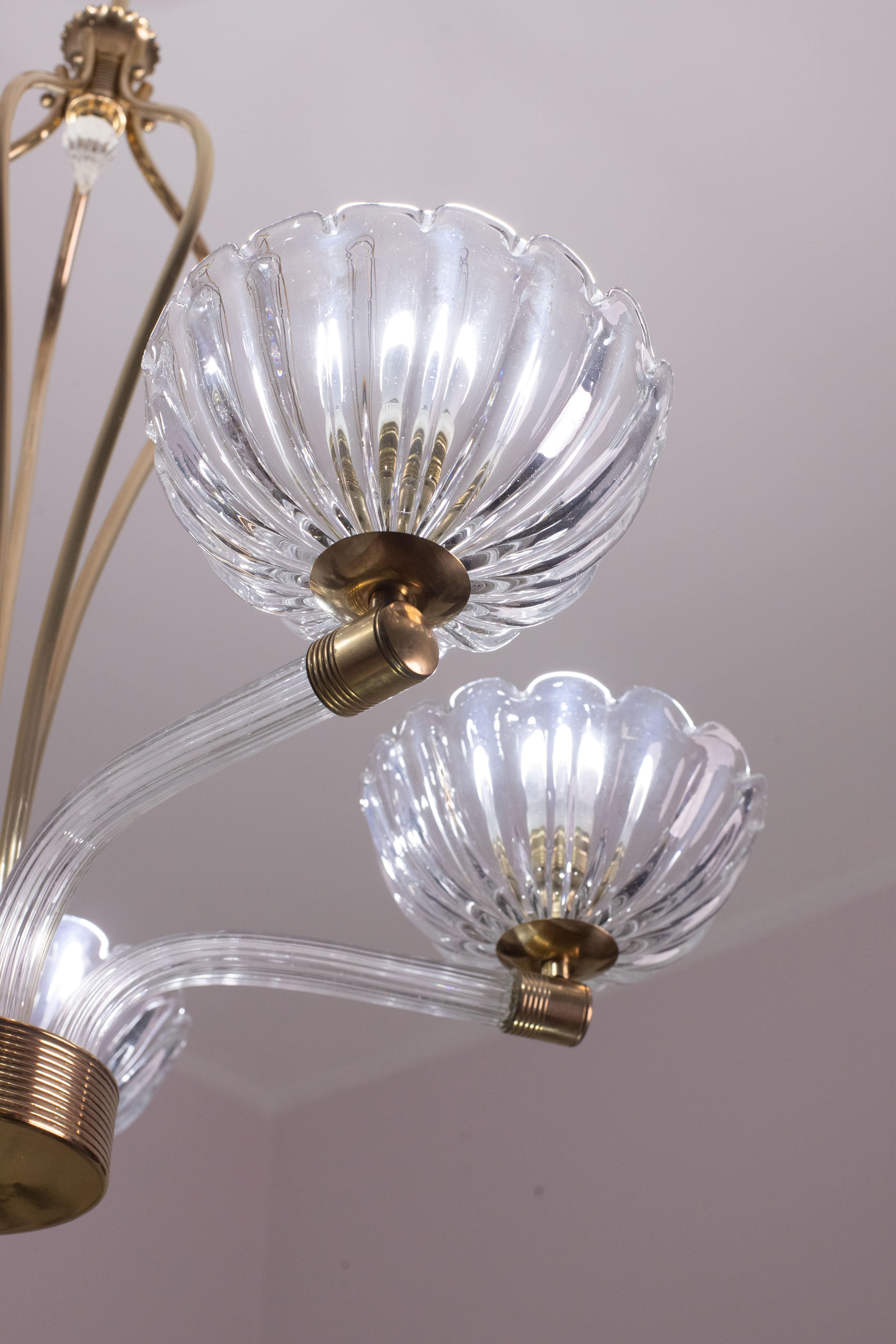 Extraordinary 5 Light Art Deco Murano Glass and Brass Chandelier by Barovier For Sale 9