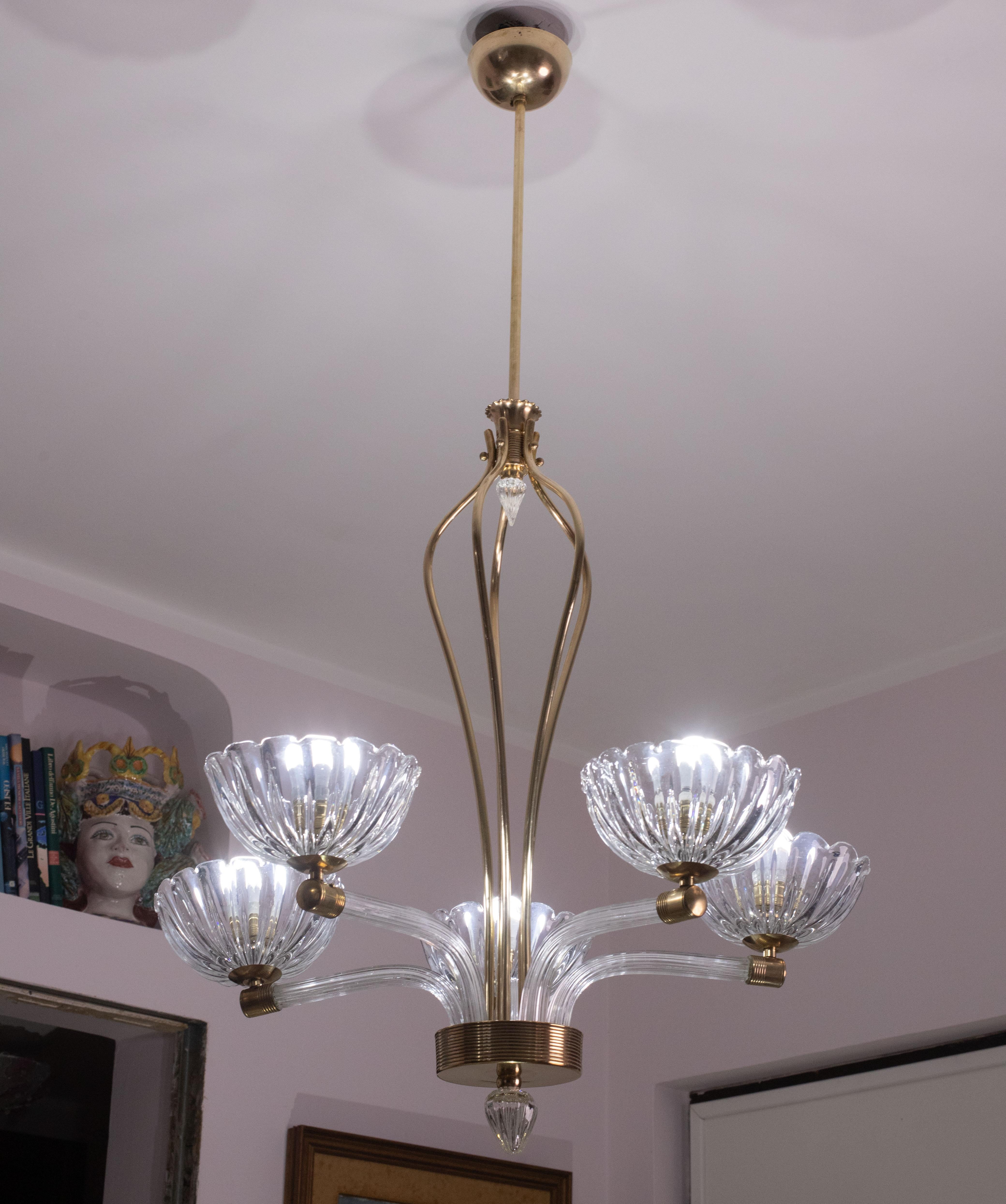 Extraordinary 5 Light Art Deco Murano Glass and Brass Chandelier by Barovier For Sale 10