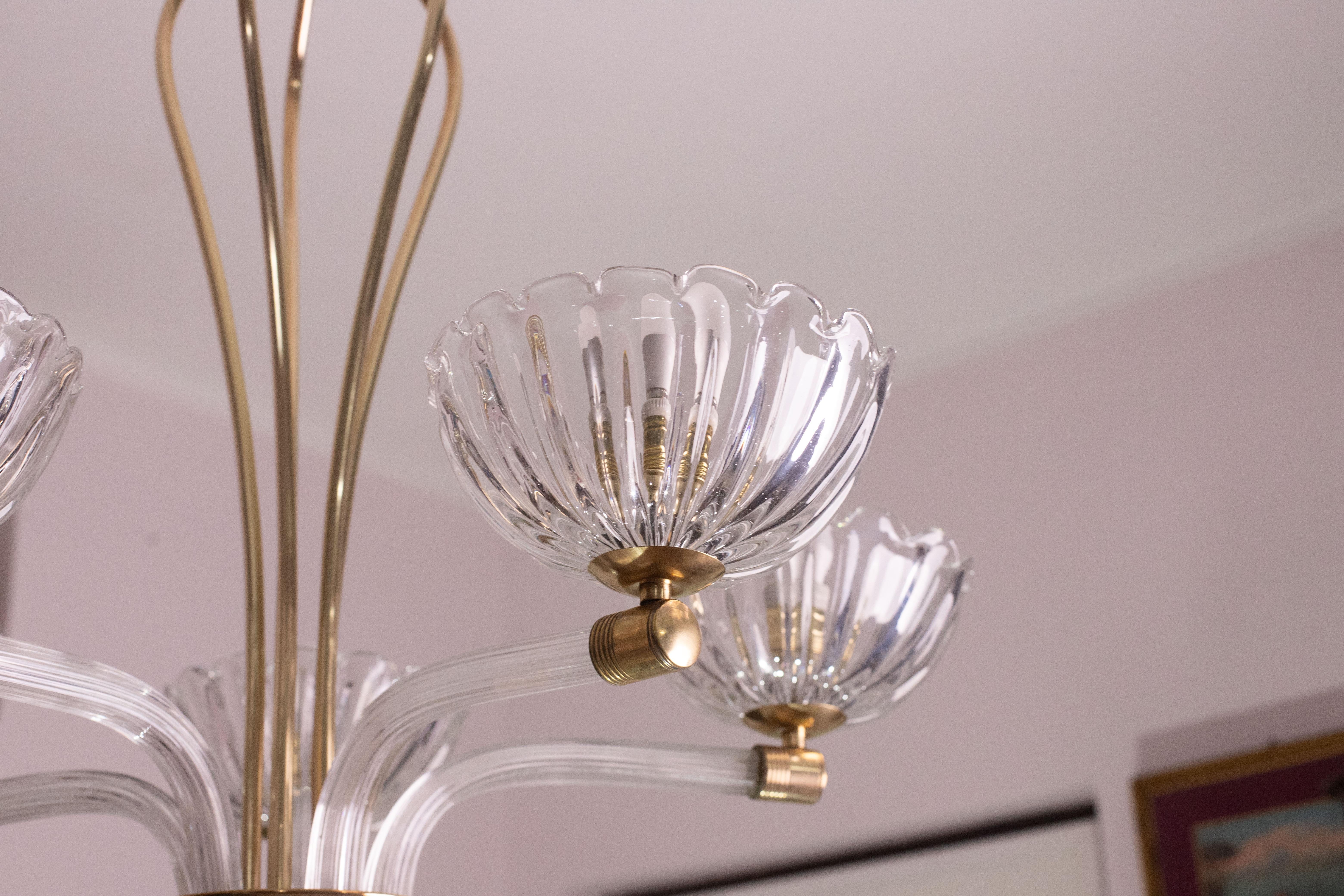 Extraordinary 5 Light Art Deco Murano Glass and Brass Chandelier by Barovier For Sale 12