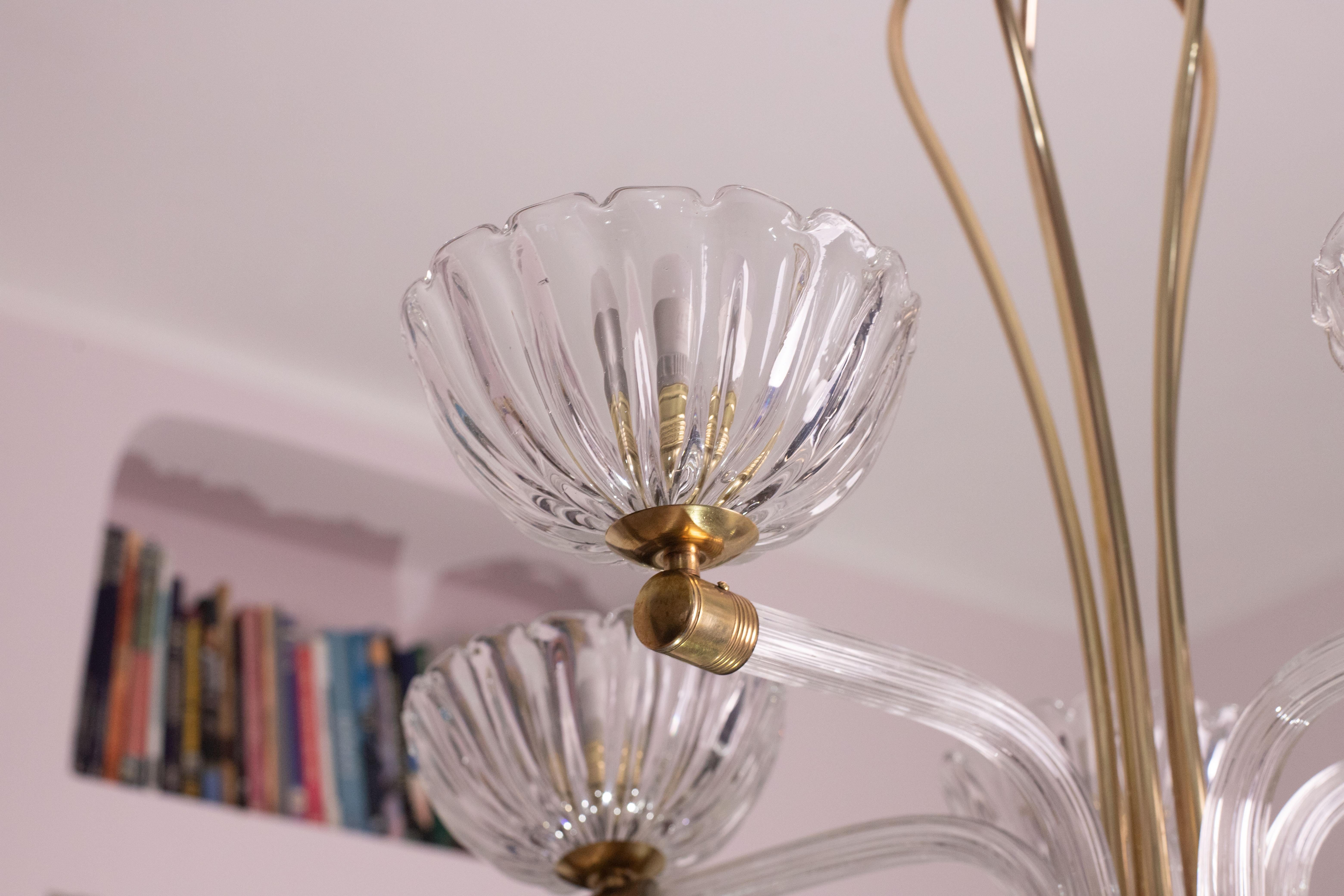 Extraordinary 5 Light Art Deco Murano Glass and Brass Chandelier by Barovier For Sale 13