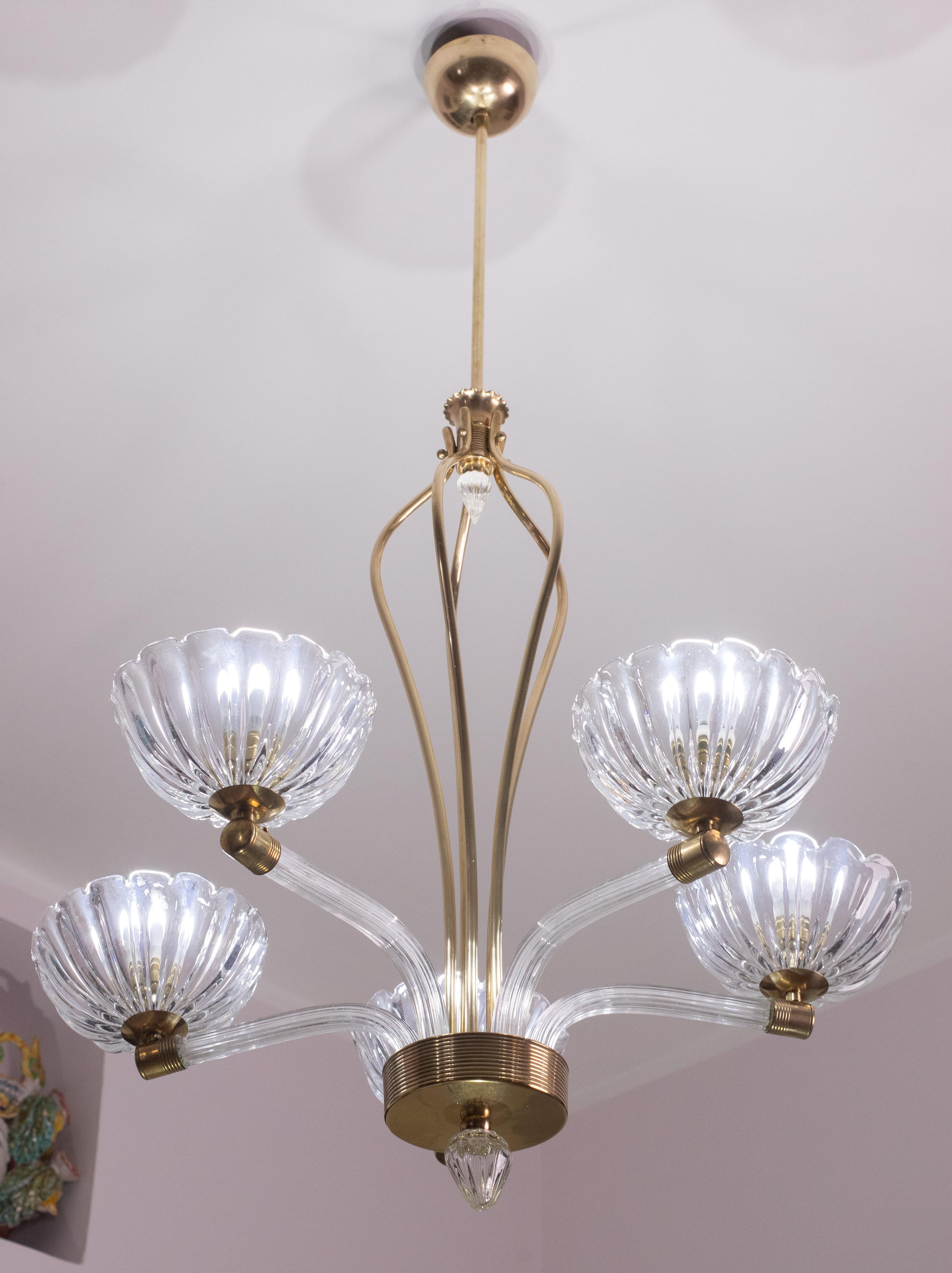 European Extraordinary 5 Light Art Deco Murano Glass and Brass Chandelier by Barovier For Sale