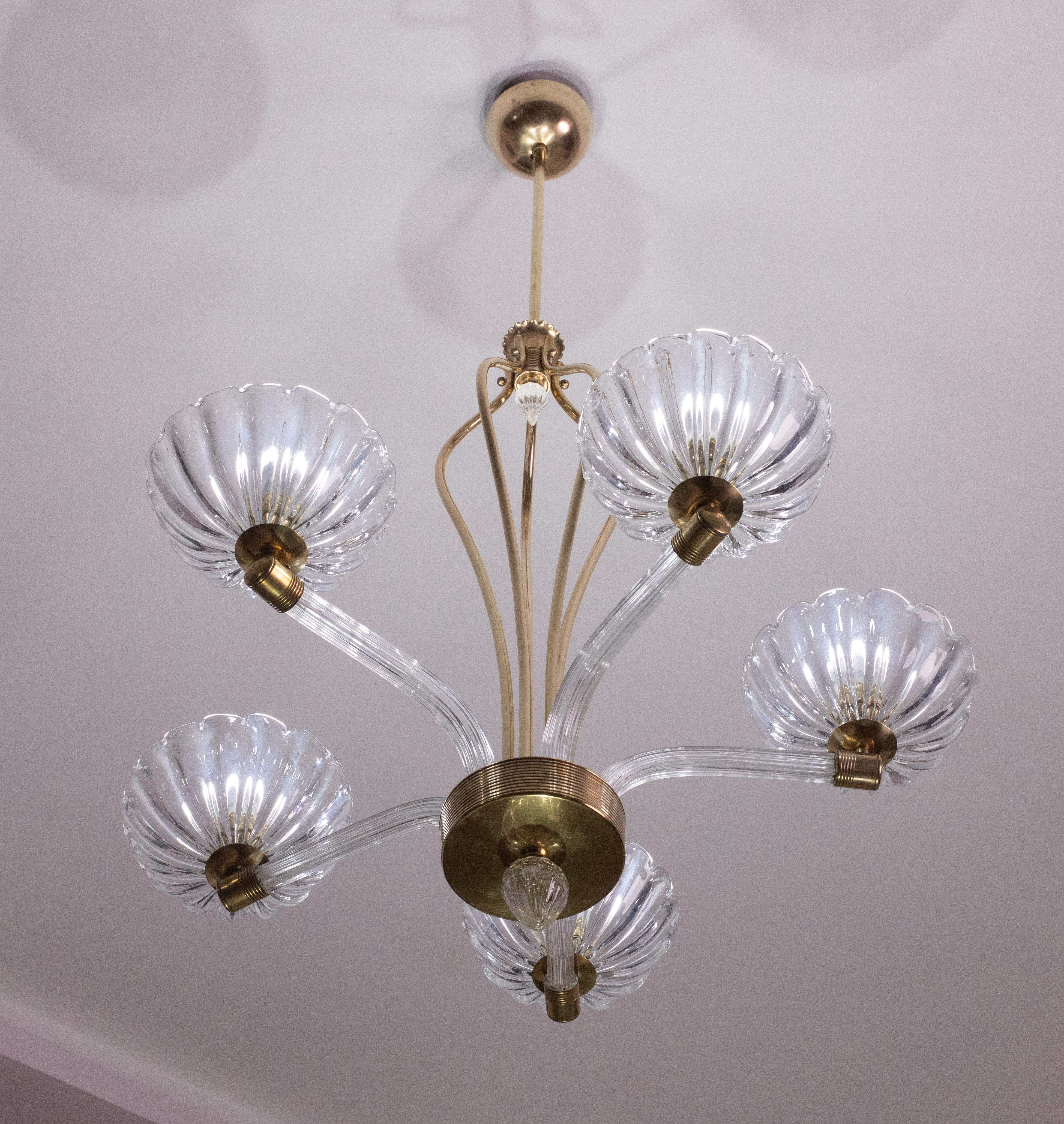 Mid-20th Century Extraordinary 5 Light Art Deco Murano Glass and Brass Chandelier by Barovier For Sale
