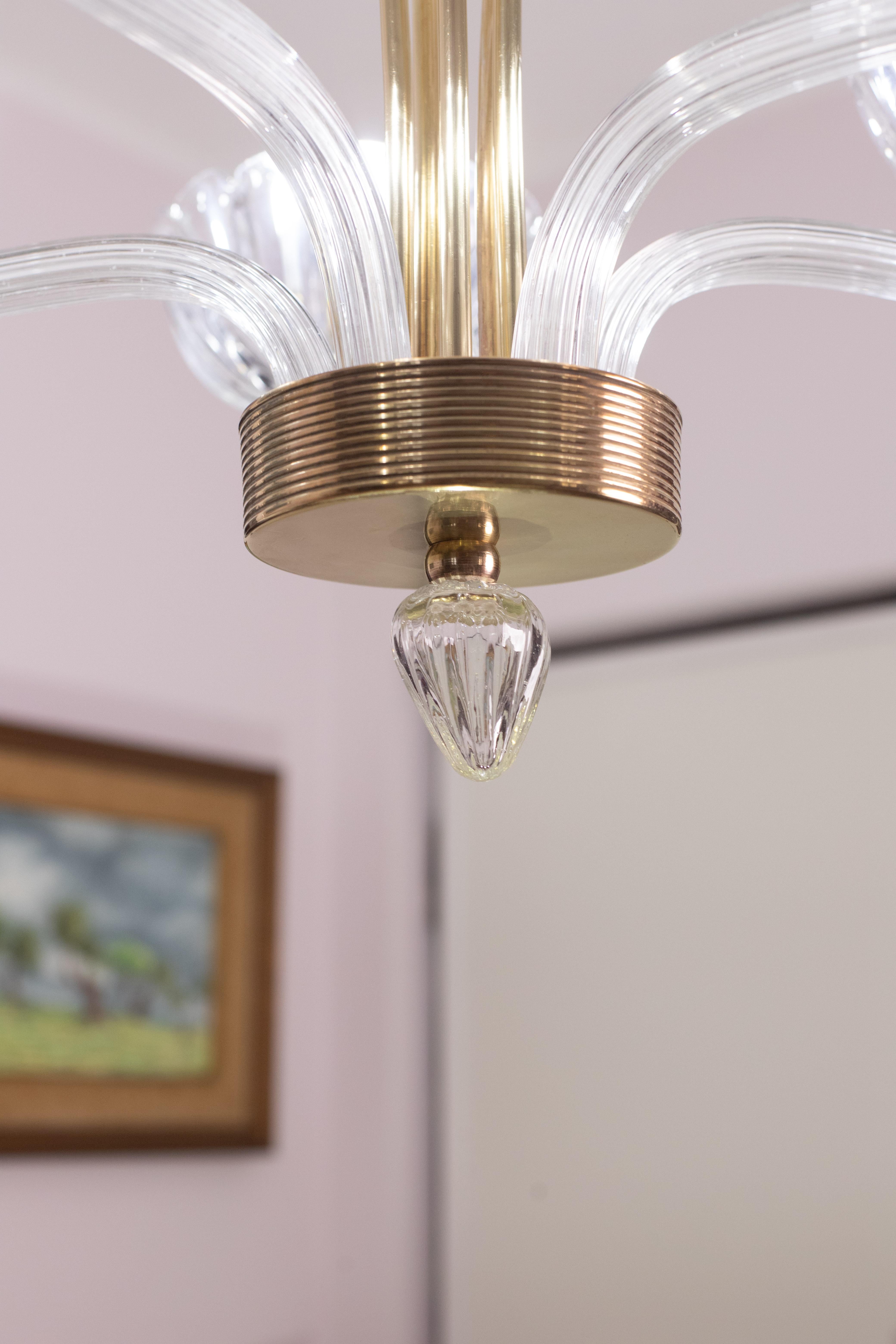 Extraordinary 5 Light Art Deco Murano Glass and Brass Chandelier by Barovier For Sale 1