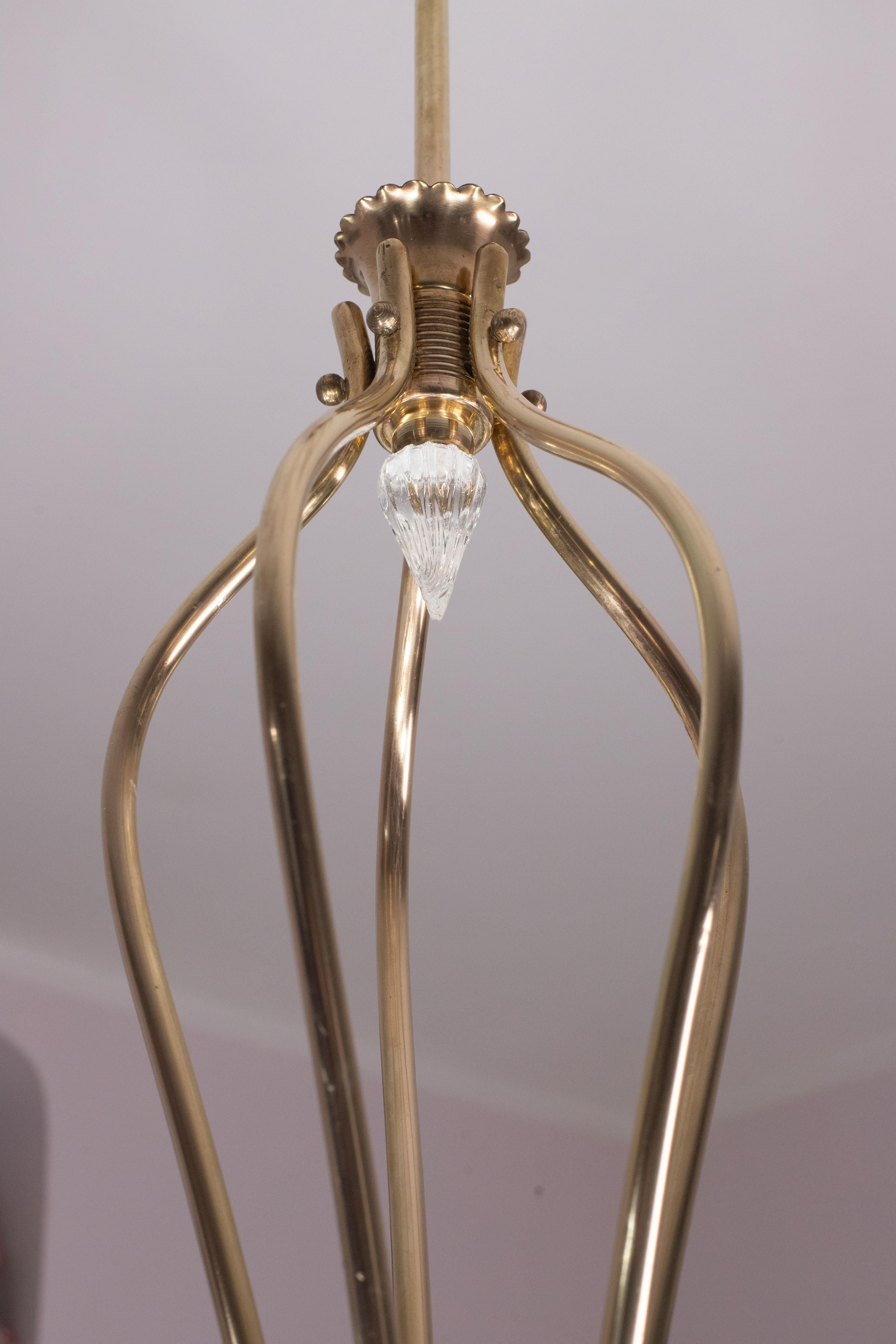 Extraordinary 5 Light Art Deco Murano Glass and Brass Chandelier by Barovier For Sale 2