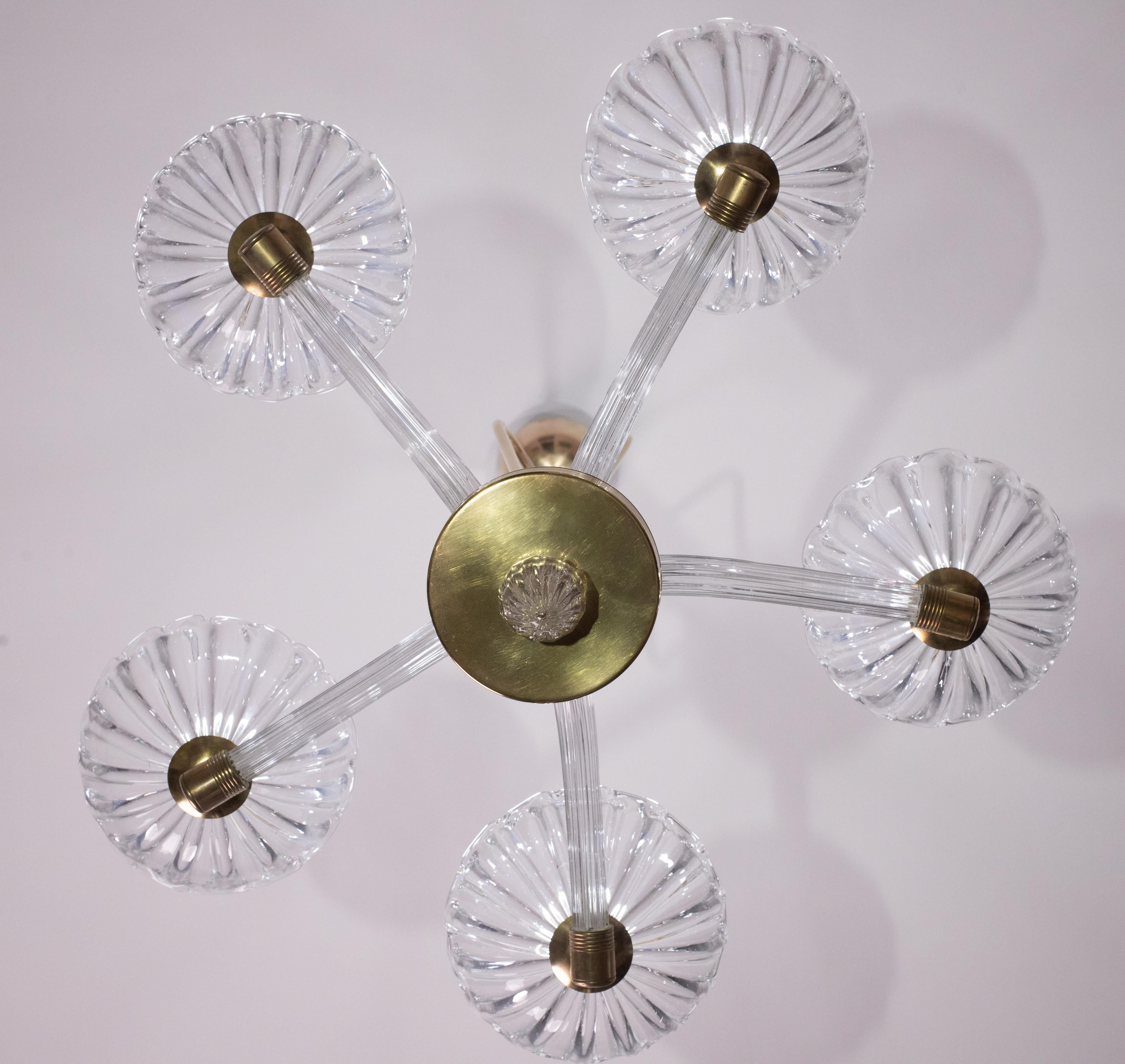 Extraordinary 5 Light Art Deco Murano Glass and Brass Chandelier by Barovier For Sale 3