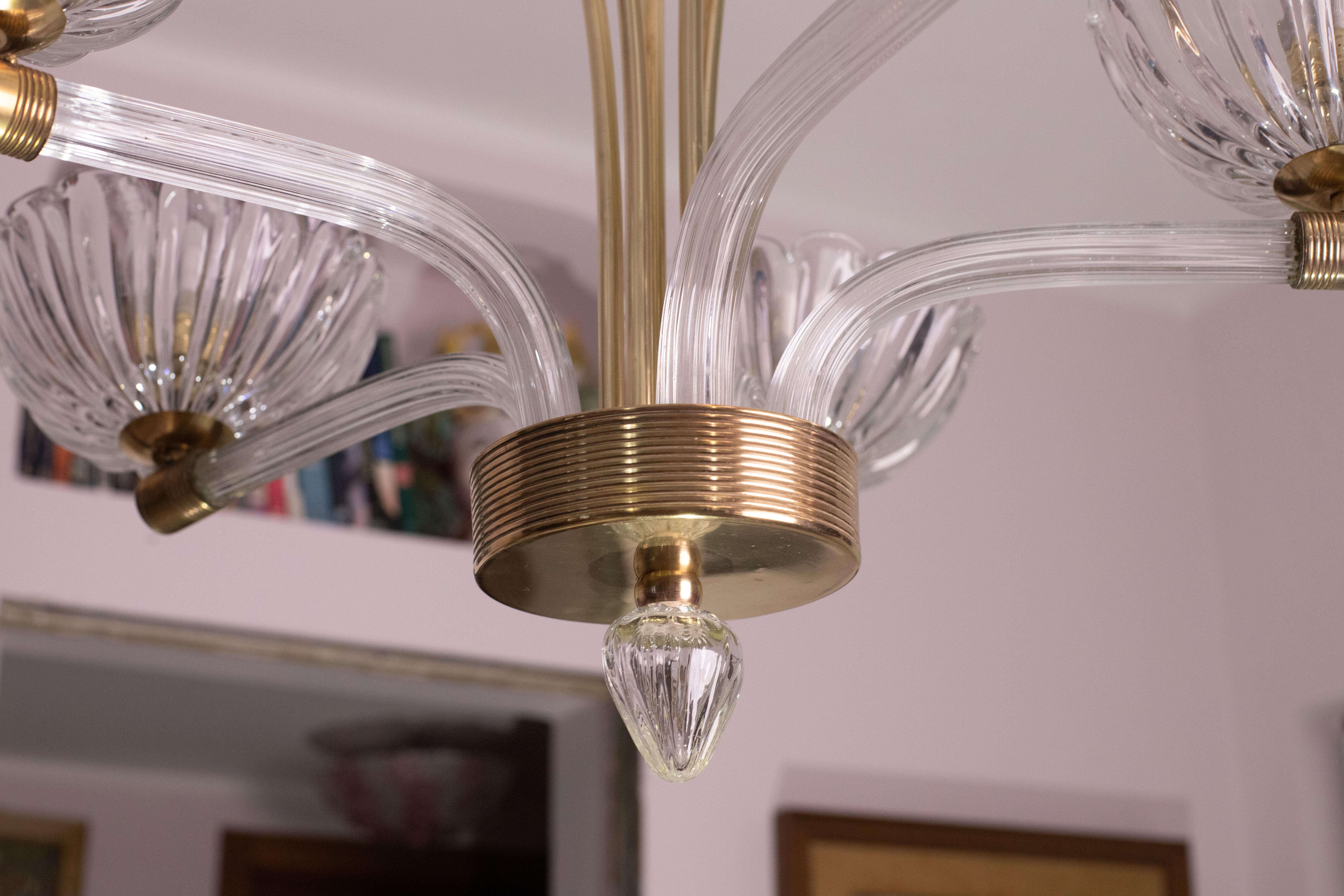 Extraordinary 5 Light Art Deco Murano Glass and Brass Chandelier by Barovier For Sale 4