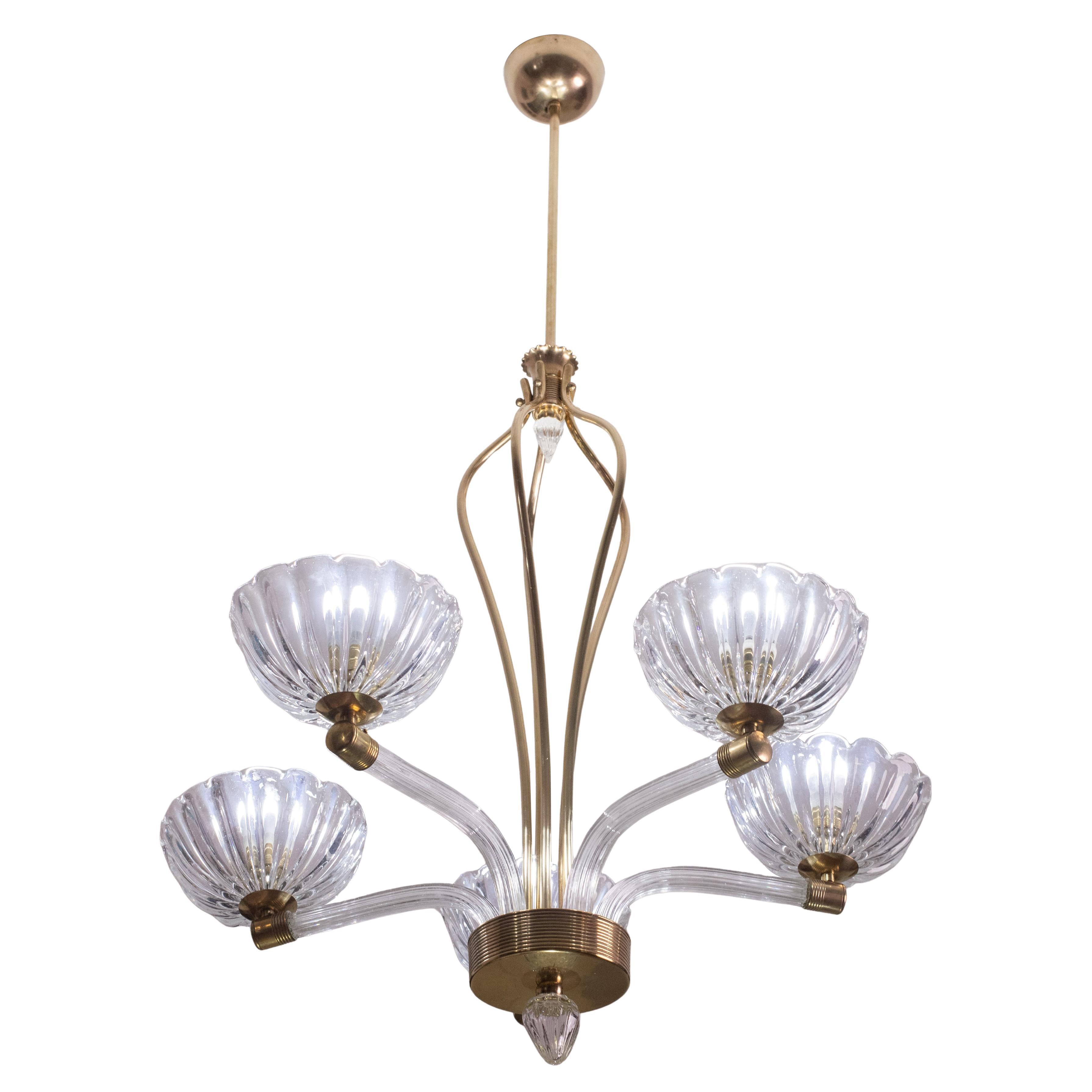 Straordinario lampadario a 5 luci in vetro di Murano e ottone Art Deco di Barovier