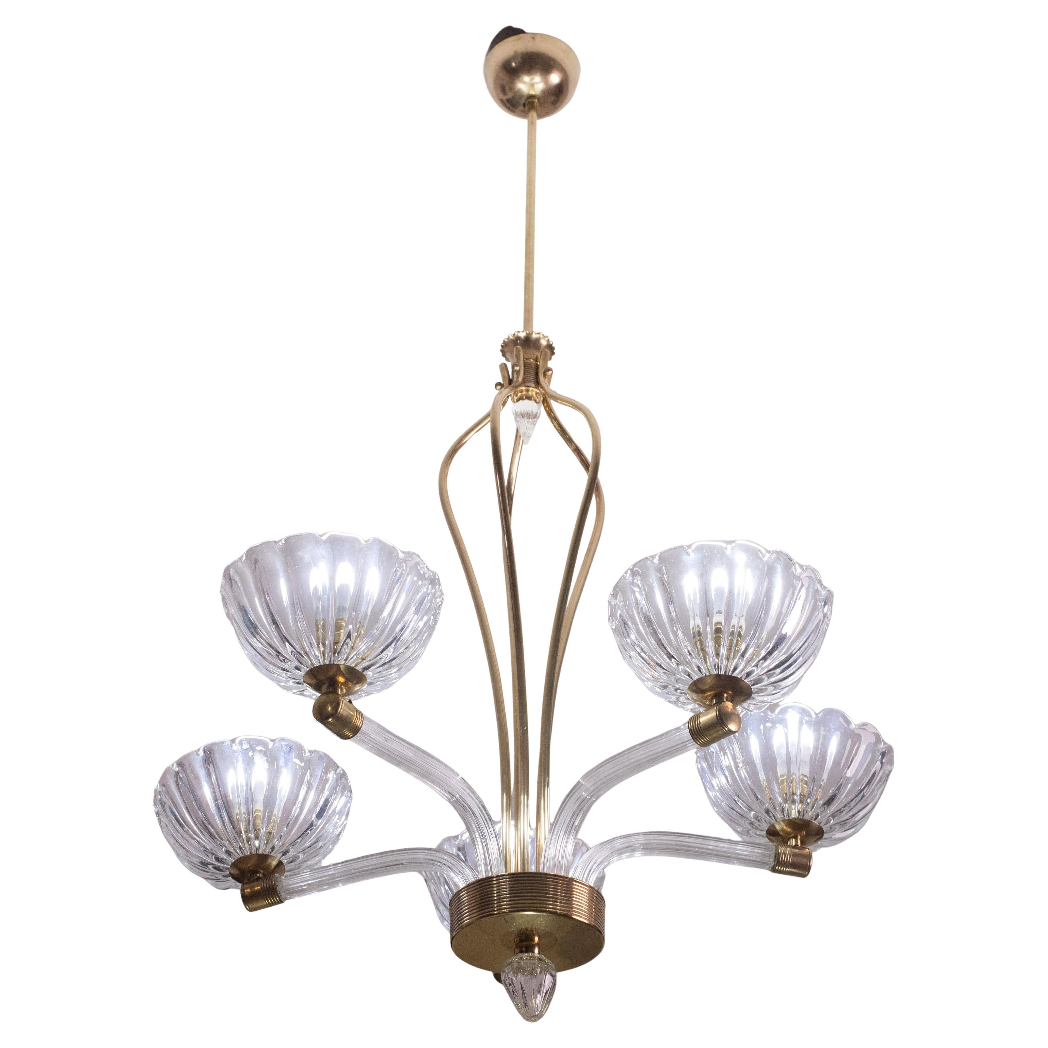 Extraordinary 5 Light Art Deco Murano Glass and Brass Chandelier by Barovier