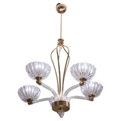 Extraordinary 5 Light Art Deco Murano Glass and Brass Chandelier by Barovier