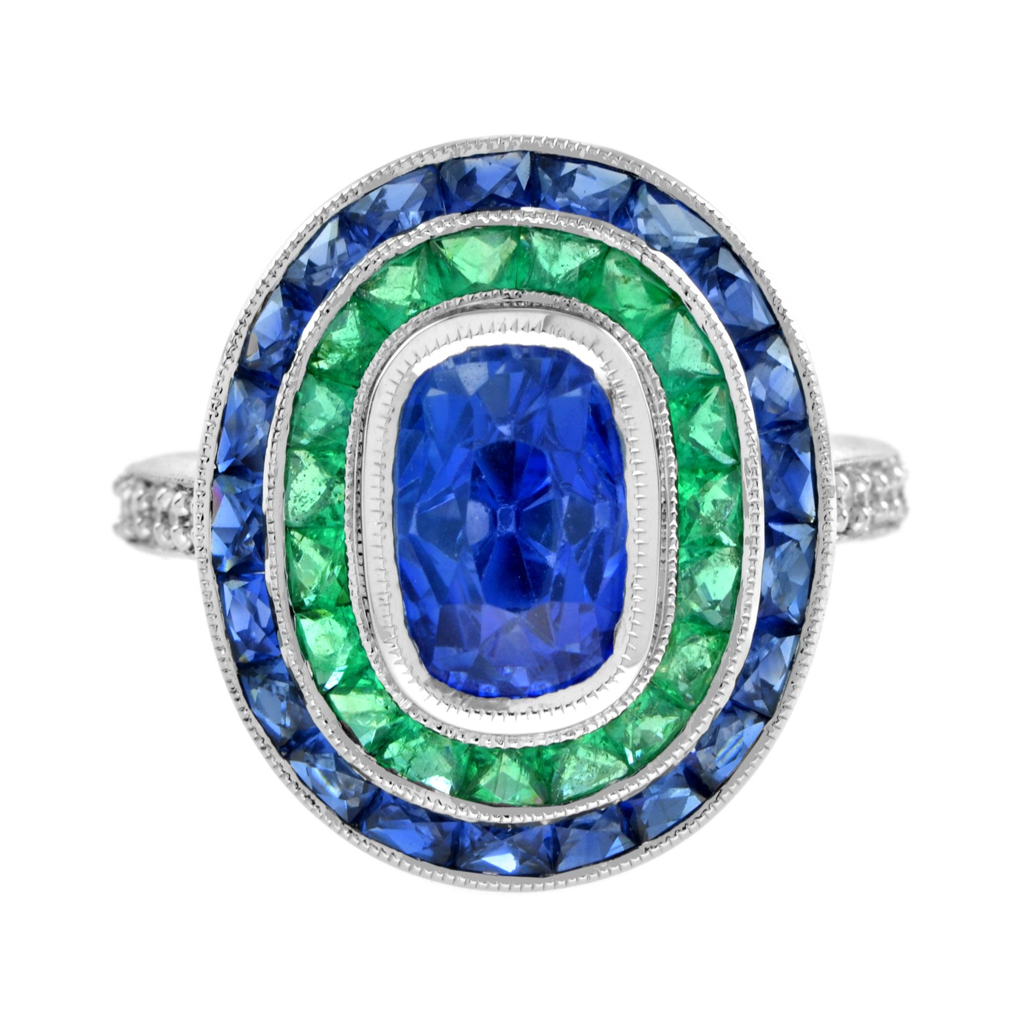 Art Deco Certified 5.62 Ct. Ceylon Sapphire with Emerald and Sapphire Cocktail Ring