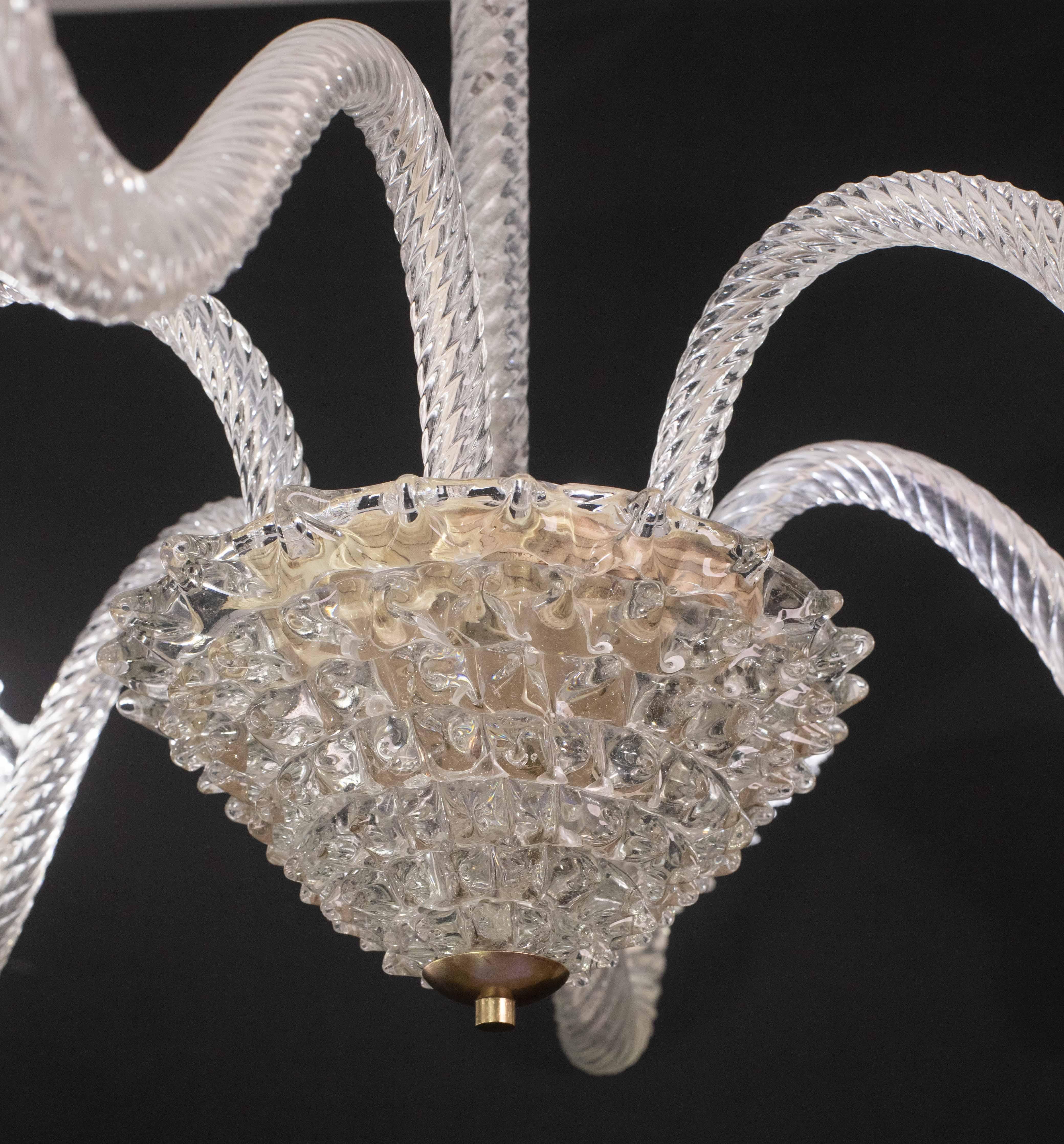 Extraordinary 6 Light Rostrato Murano Glass Chandelier by Barovier & Toso, 1950s For Sale 5