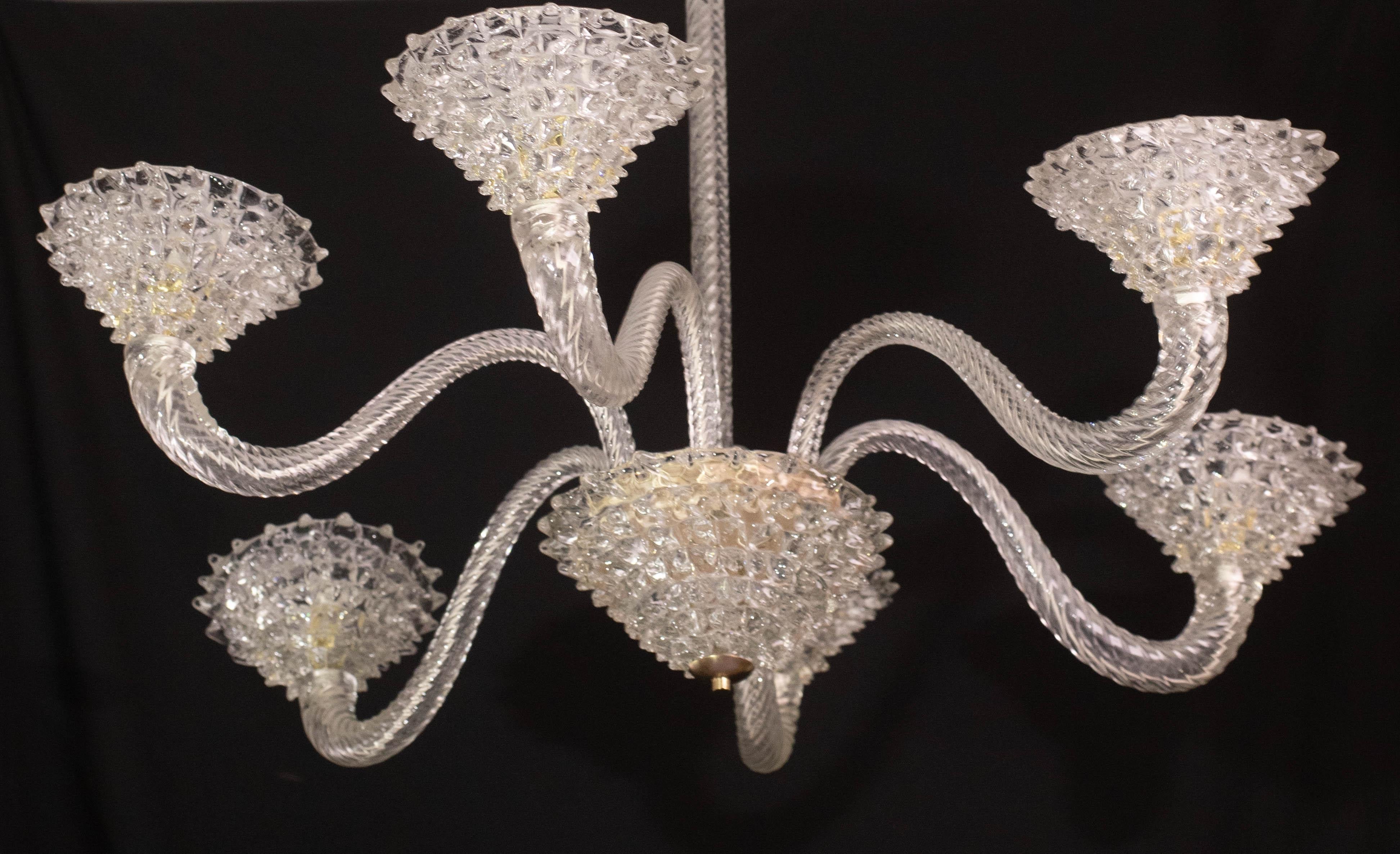 Extraordinary 6 Light Rostrato Murano Glass Chandelier by Barovier & Toso, 1950s For Sale 9