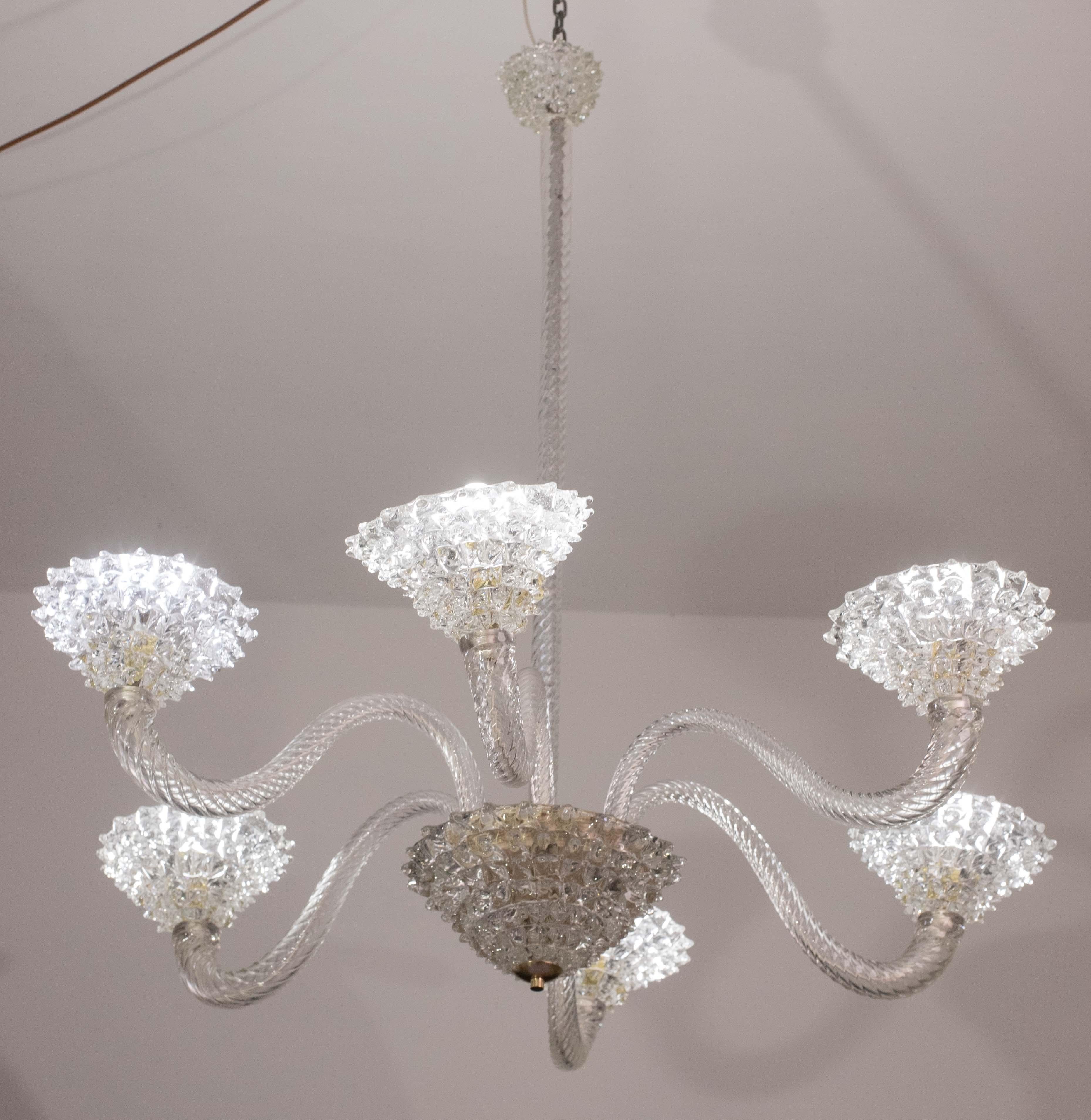 Art Deco Extraordinary 6 Light Rostrato Murano Glass Chandelier by Barovier & Toso, 1950s For Sale