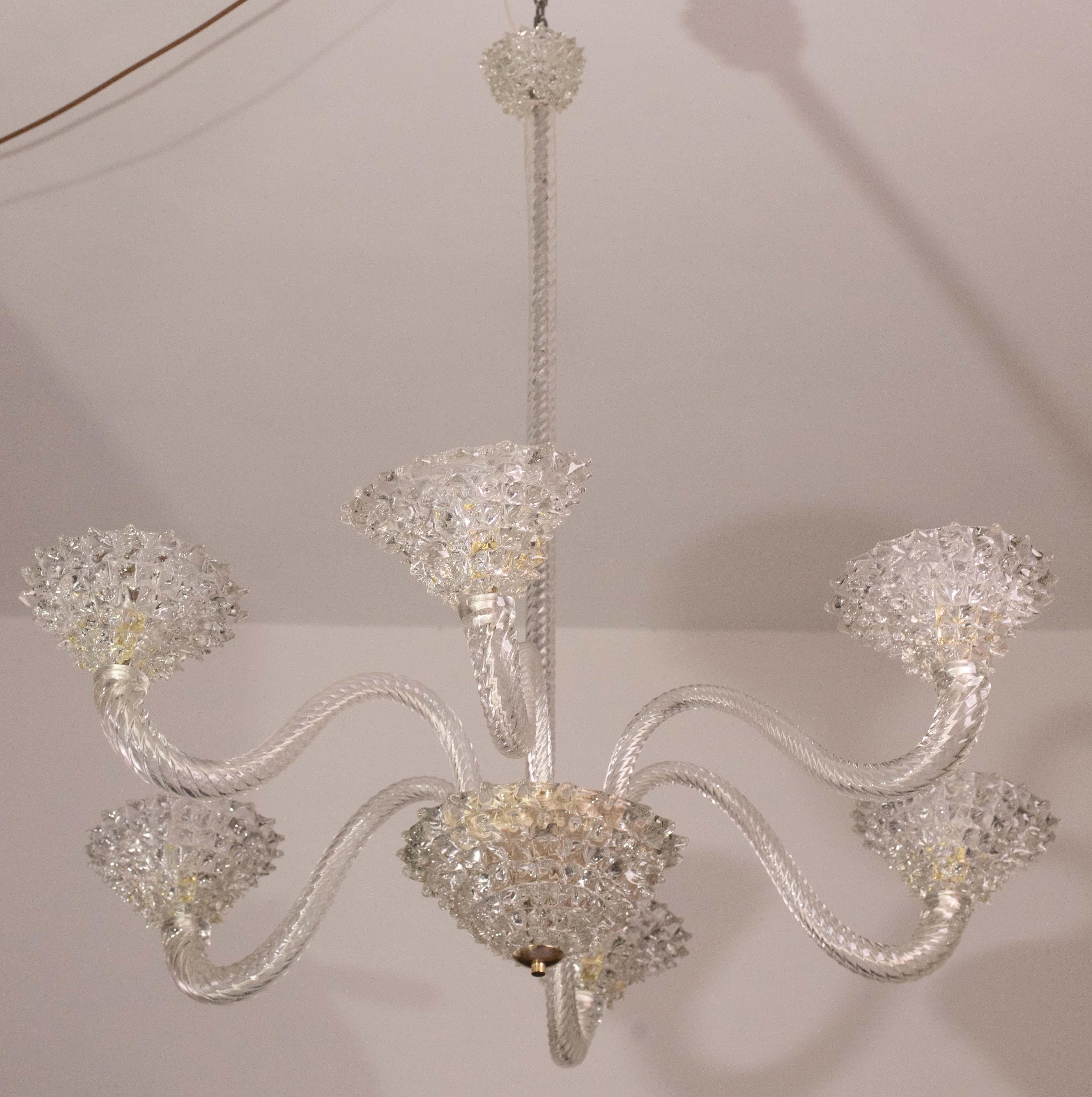European Extraordinary 6 Light Rostrato Murano Glass Chandelier by Barovier & Toso, 1950s For Sale