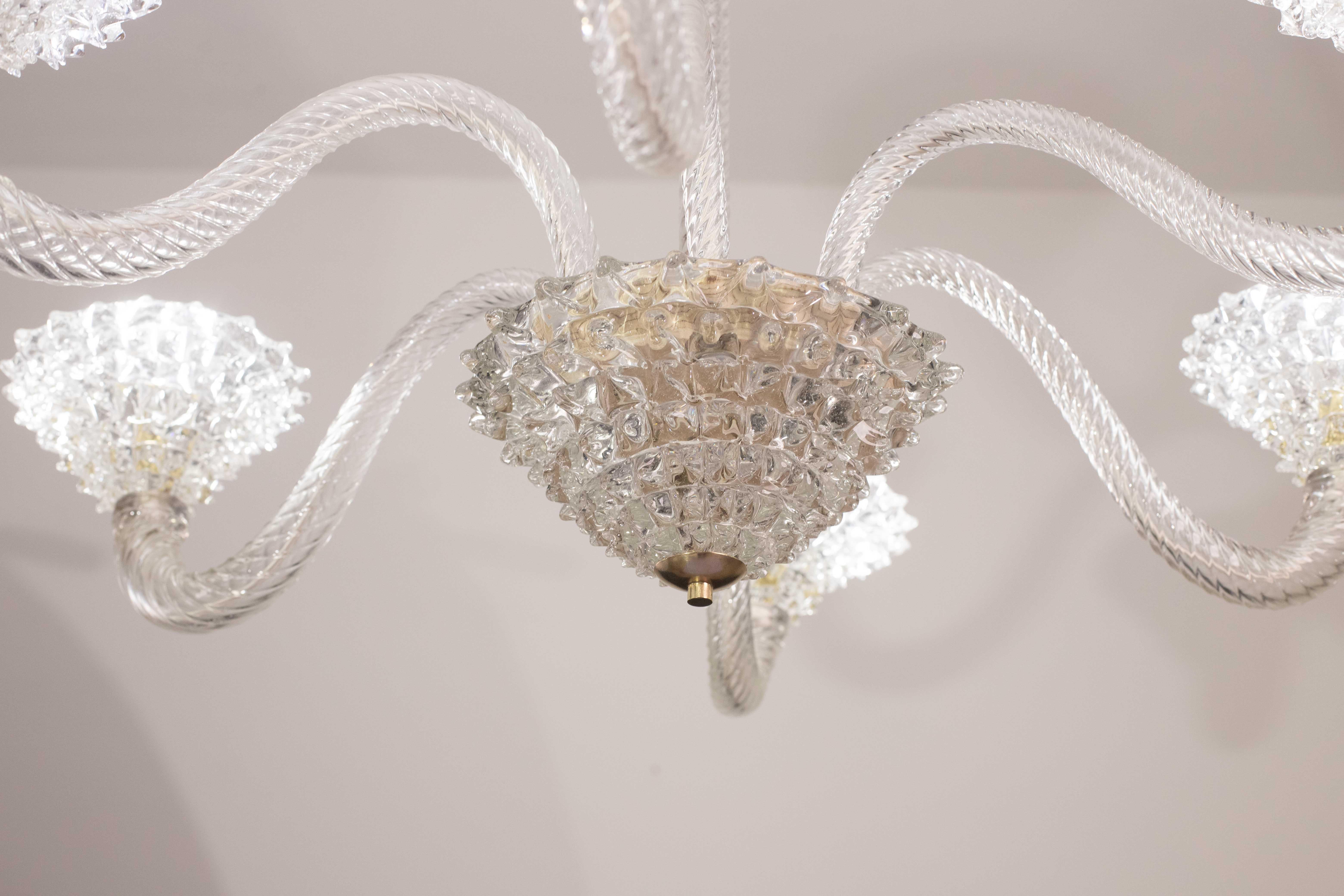 Mid-20th Century Extraordinary 6 Light Rostrato Murano Glass Chandelier by Barovier & Toso, 1950s For Sale