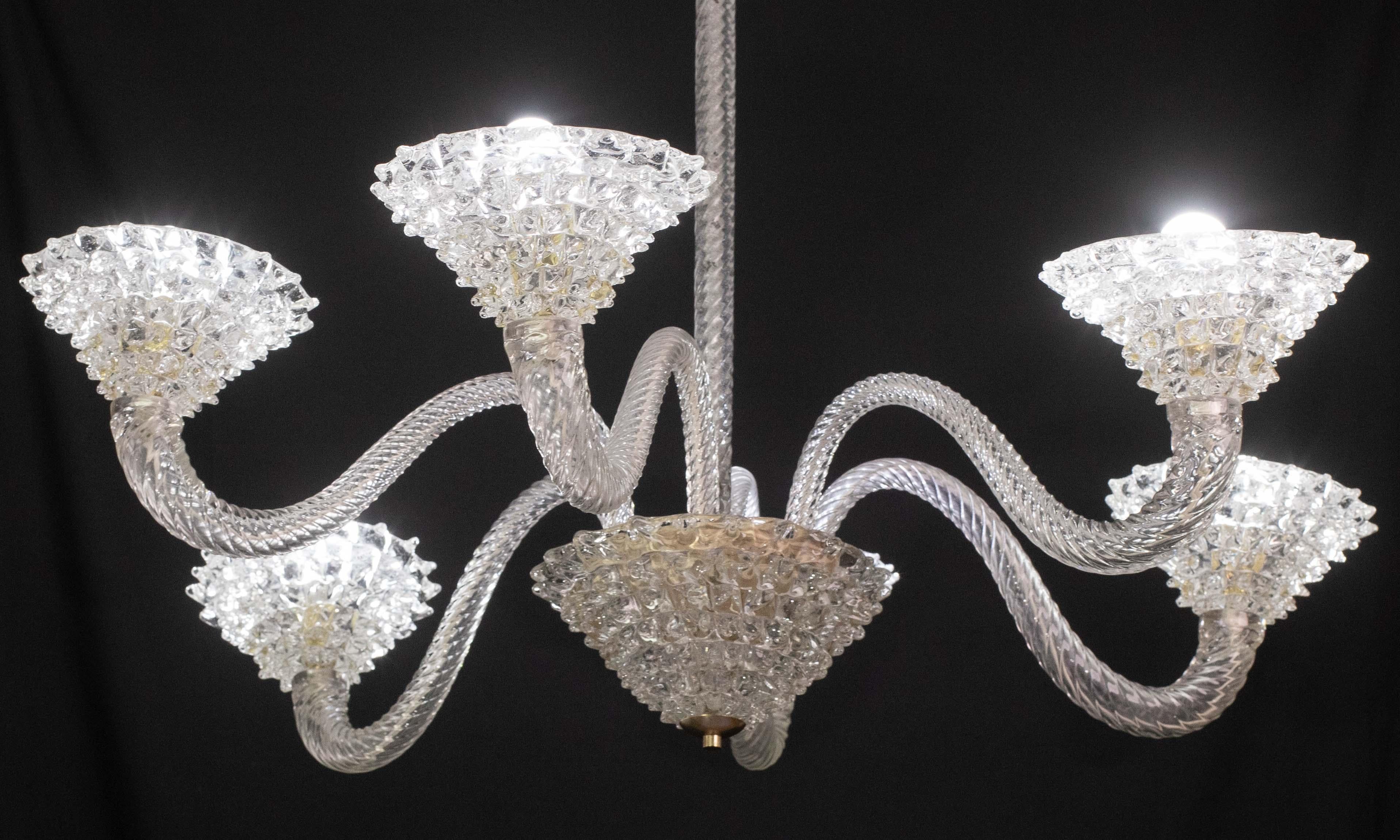 Extraordinary 6 Light Rostrato Murano Glass Chandelier by Barovier & Toso, 1950s For Sale 3