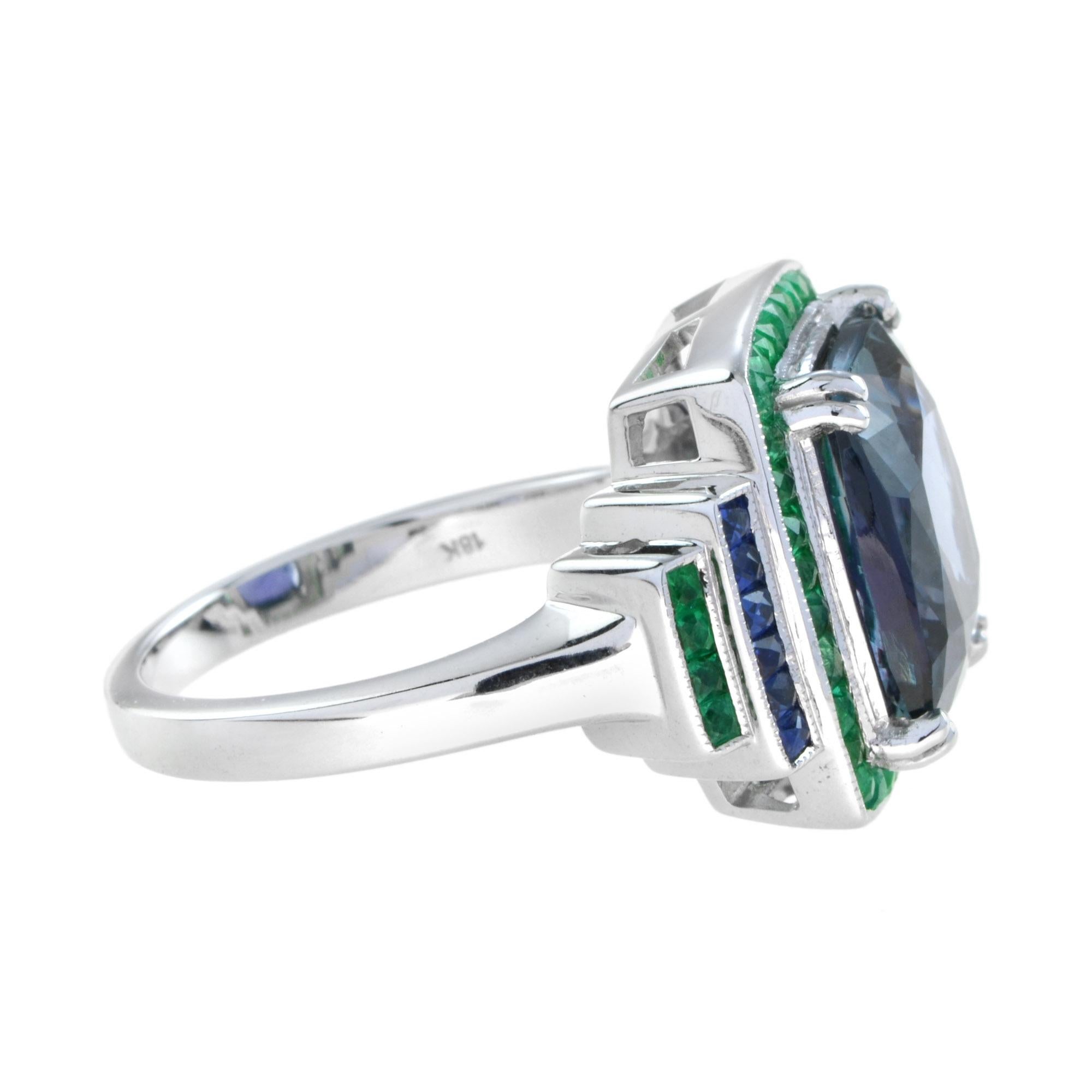 Art Deco Extraordinary 6.56 Carats Cushion Tanzanite with Emerald and Sapphire Halo Ring