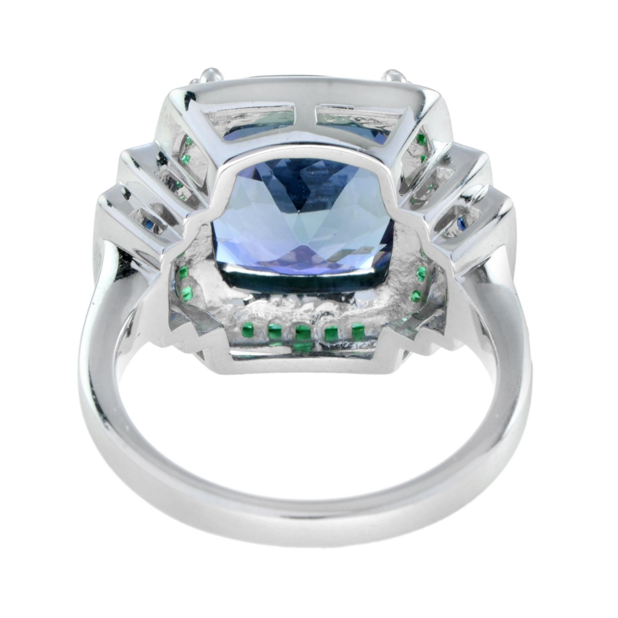 Cushion Cut Extraordinary 6.56 Carats Cushion Tanzanite with Emerald and Sapphire Halo Ring