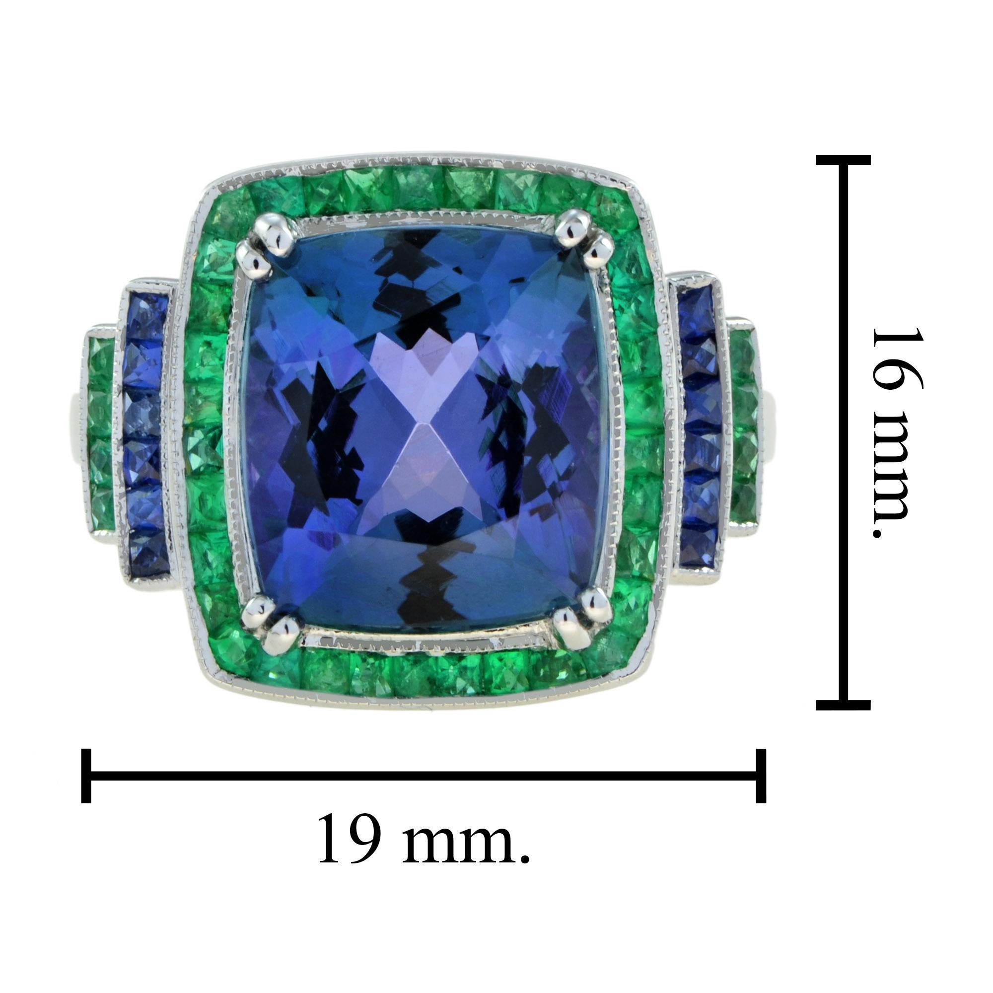 Women's or Men's Extraordinary 6.56 Carats Cushion Tanzanite with Emerald and Sapphire Halo Ring