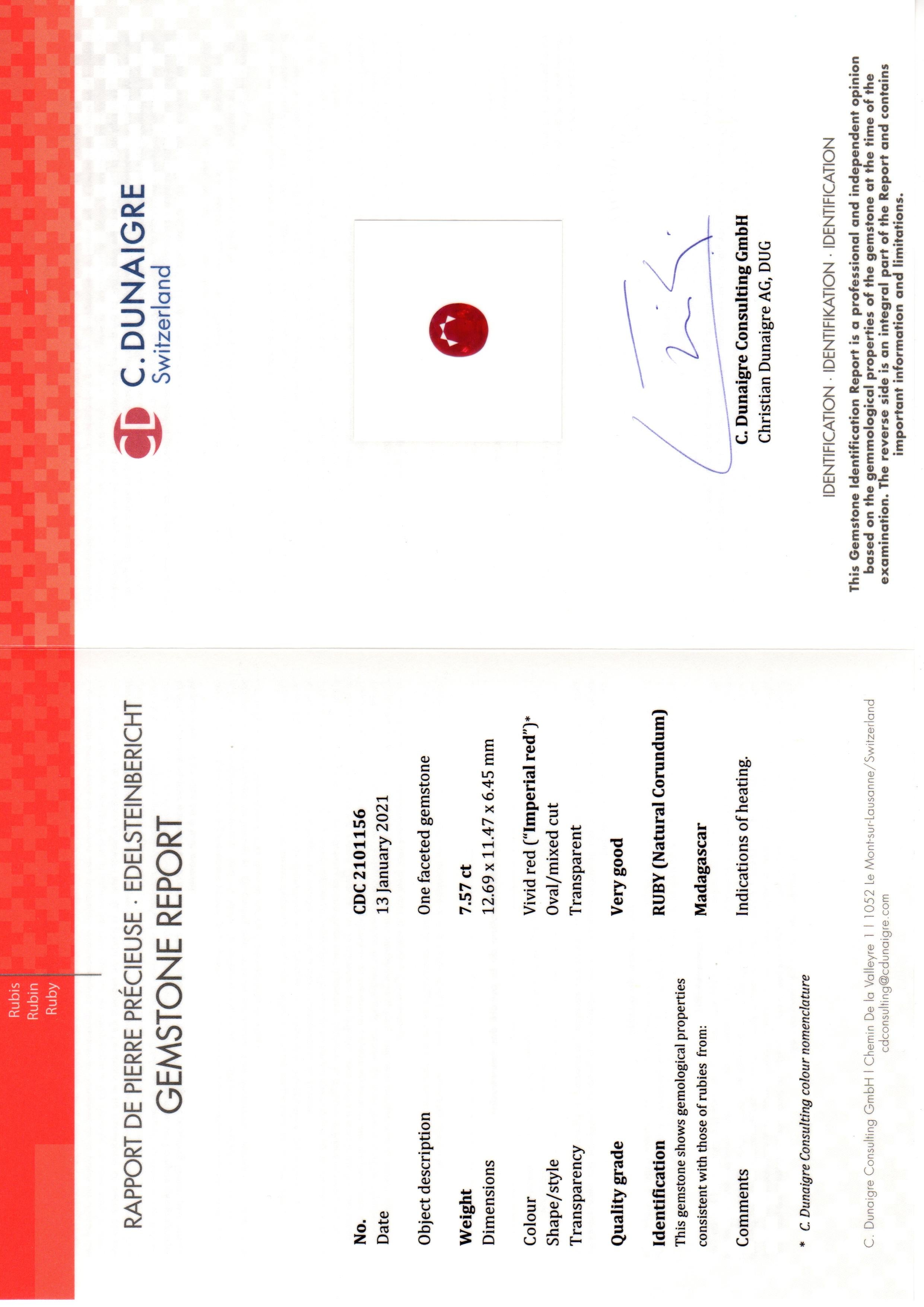 Extraordinario Anillo de Rubí Real ROJO VIVO de 7,57 quilates - Certificado C. Dunaigre Corte oval en venta