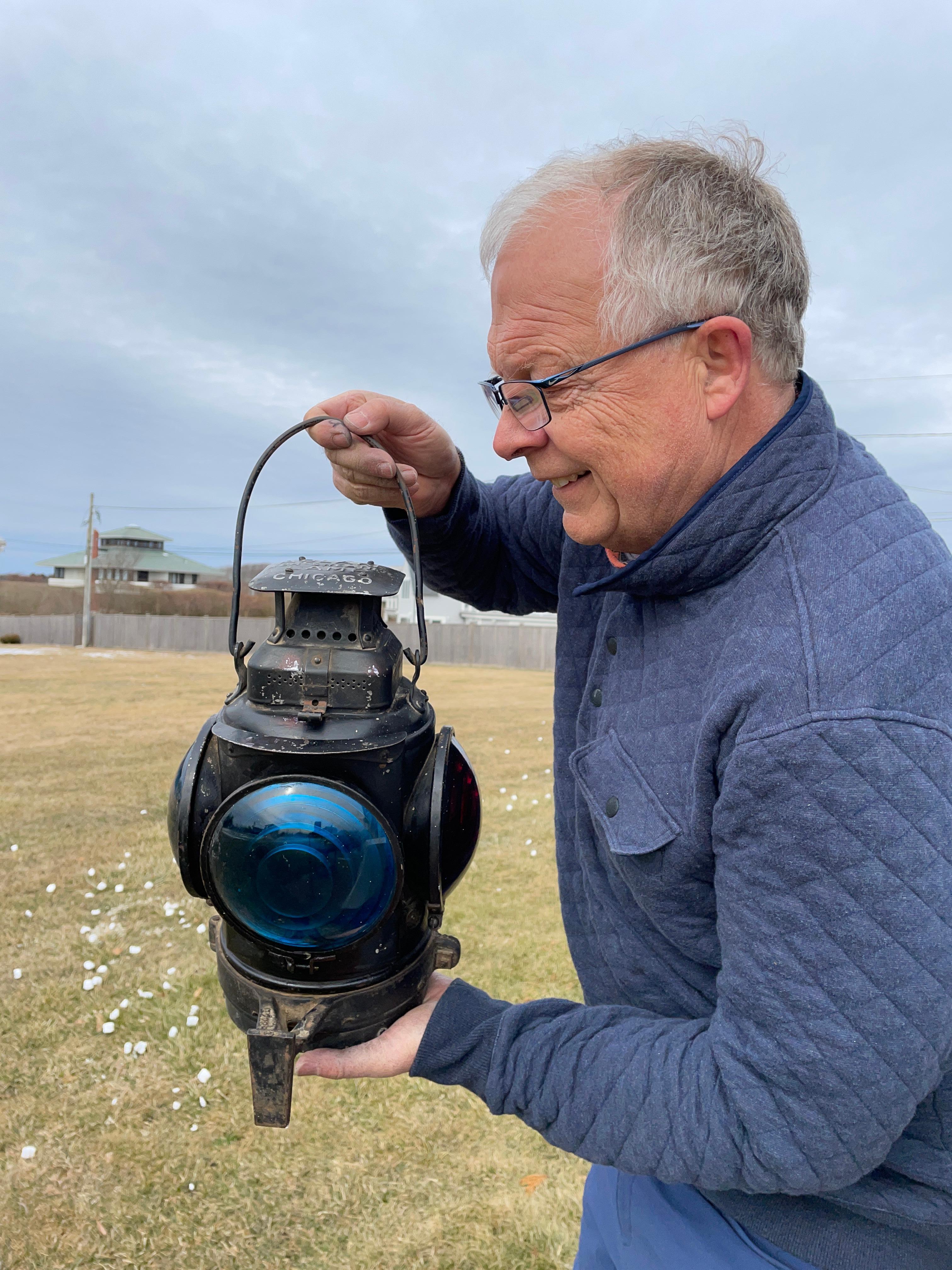 Rare nostalgic Chicago railroad lantern opportunity.

An original fine quality signed Railroad Switch Lantern and Lamp with its original interior and exterior hardware including four (4) big brilliant original blue and red glass lenses. 

Signed