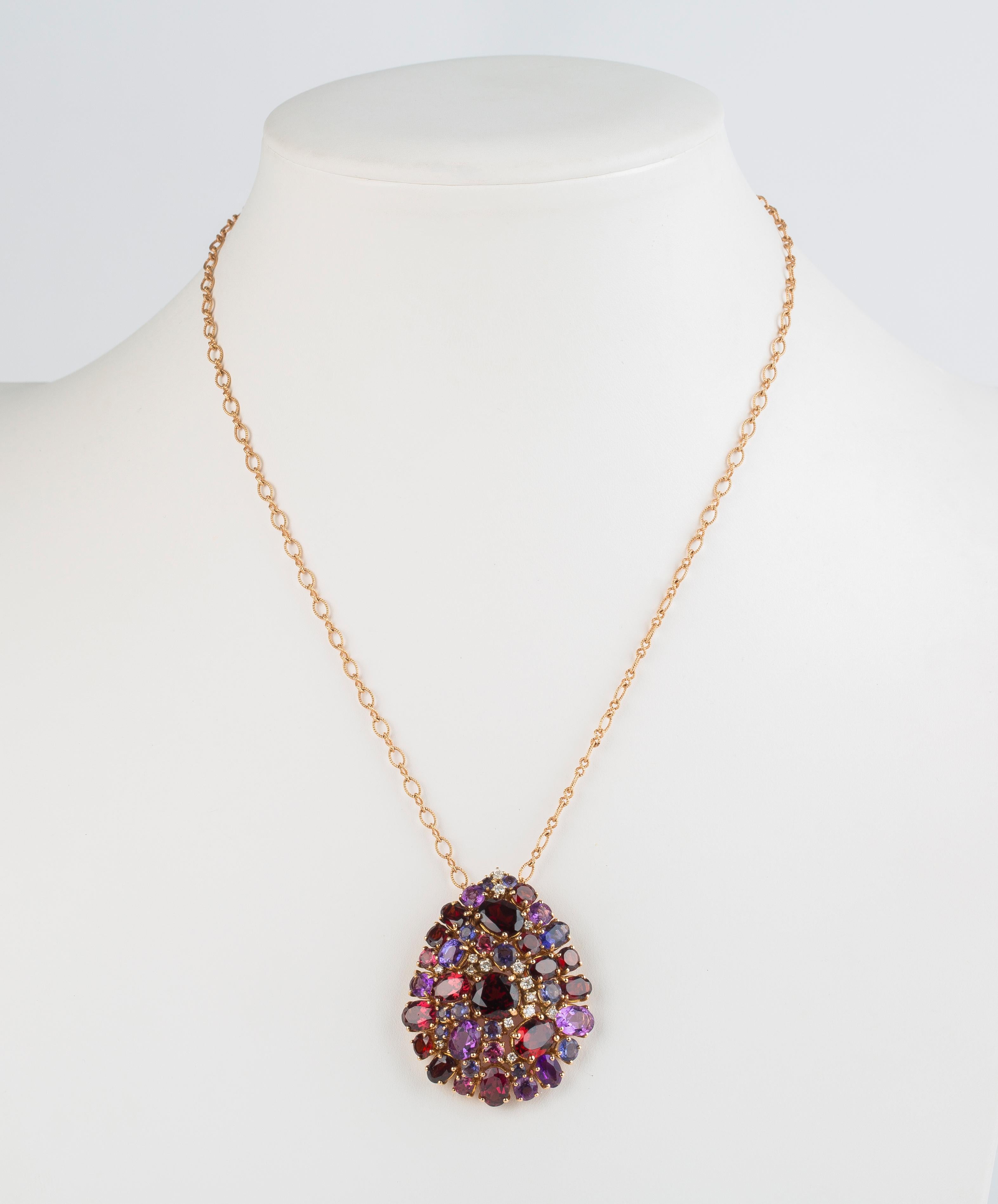 Modern  Amethyst Iolite Garnet Diamond 18 Karat Rose Gold Pendant For Sale