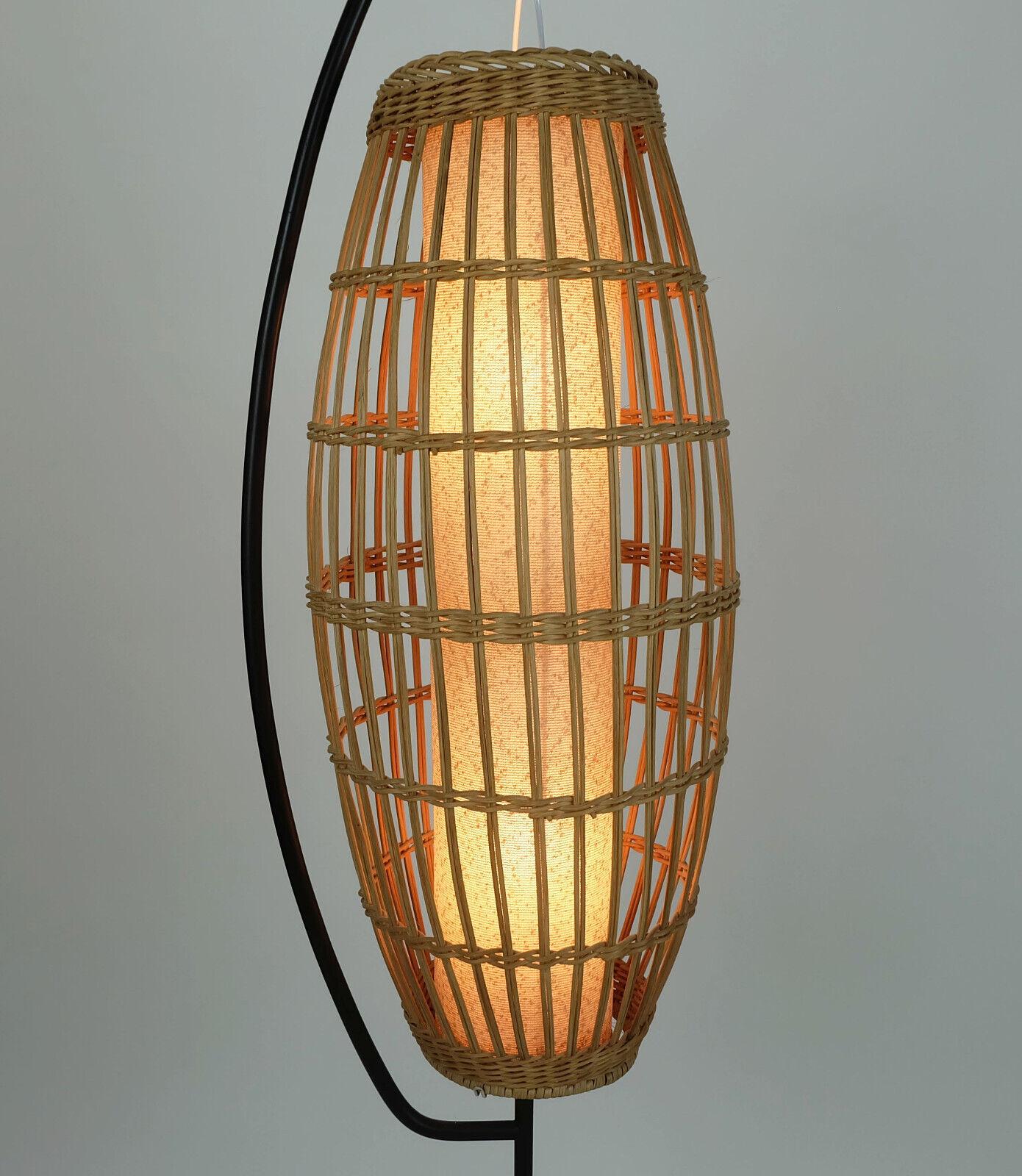 Metal extraordinary and rare mid century FLOOR LAMP rattan weave teak black metal 1960 For Sale