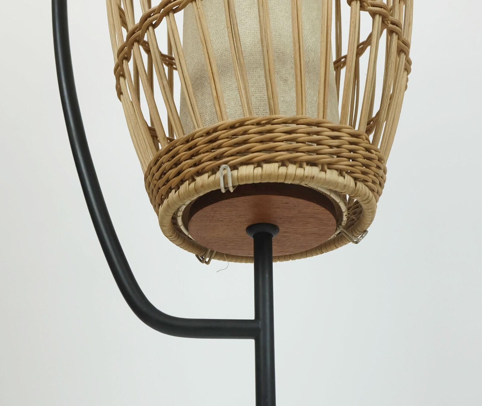 extraordinary and rare mid century FLOOR LAMP rattan weave teak black metal 1960 For Sale 1