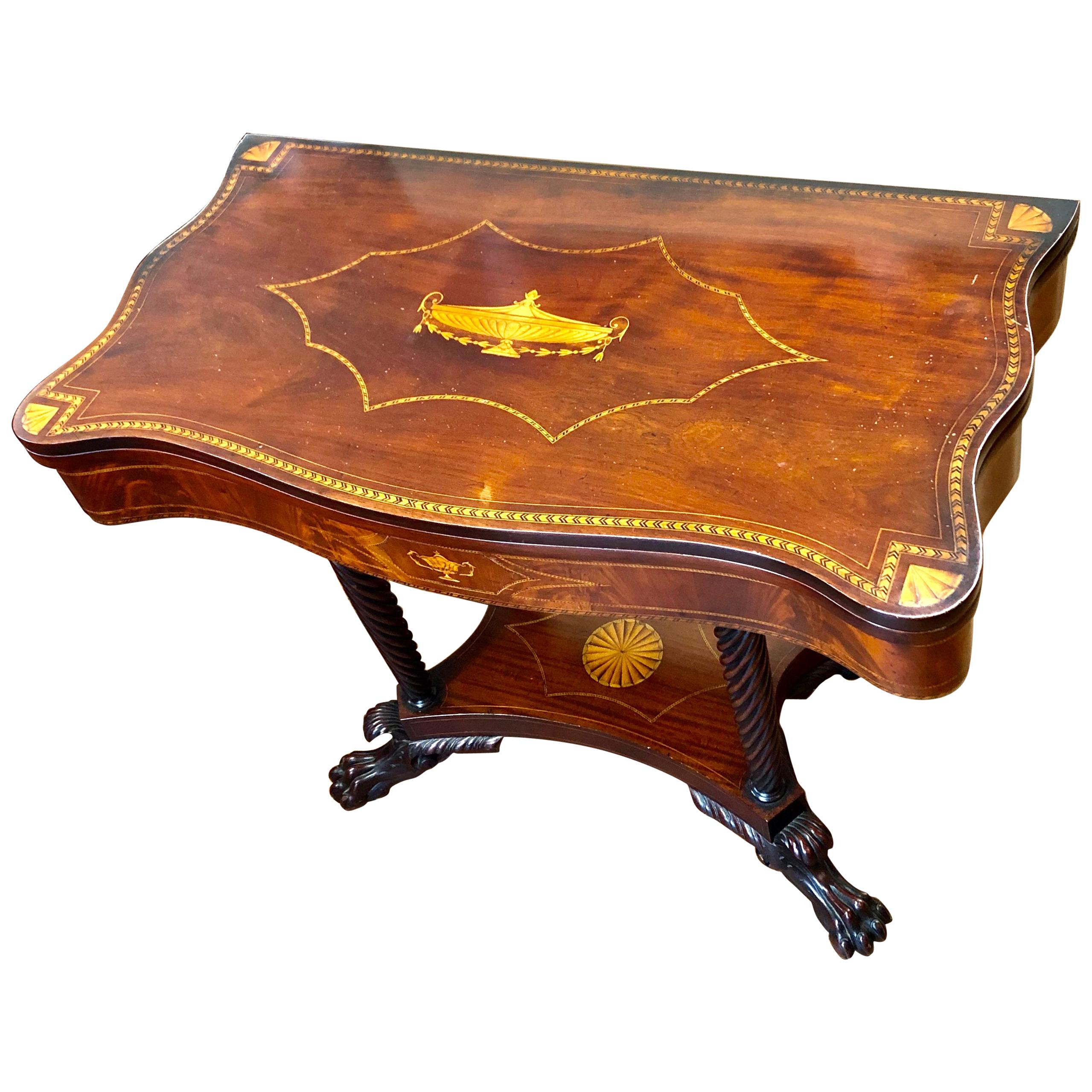 Extraordinary Antique American Late Federal Inlaid Mahogany Flap-Top Card Table