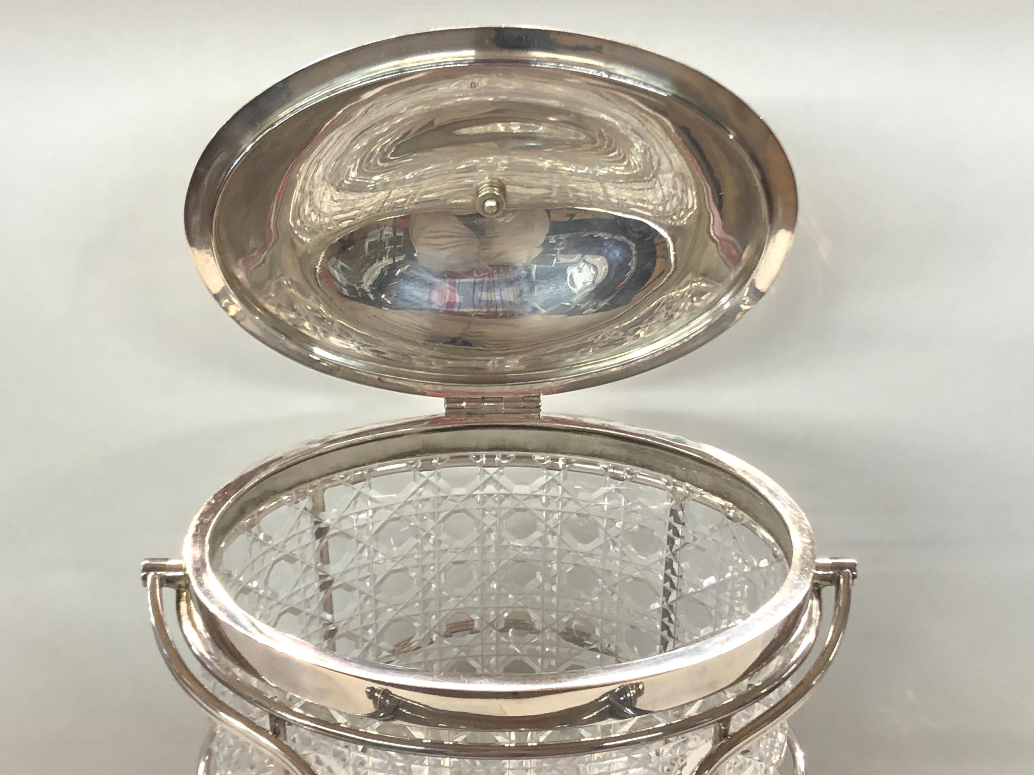 Victorian Extraordinary Antique English Sheffield Silverplate & Cut Glass Oval Biscuit Box