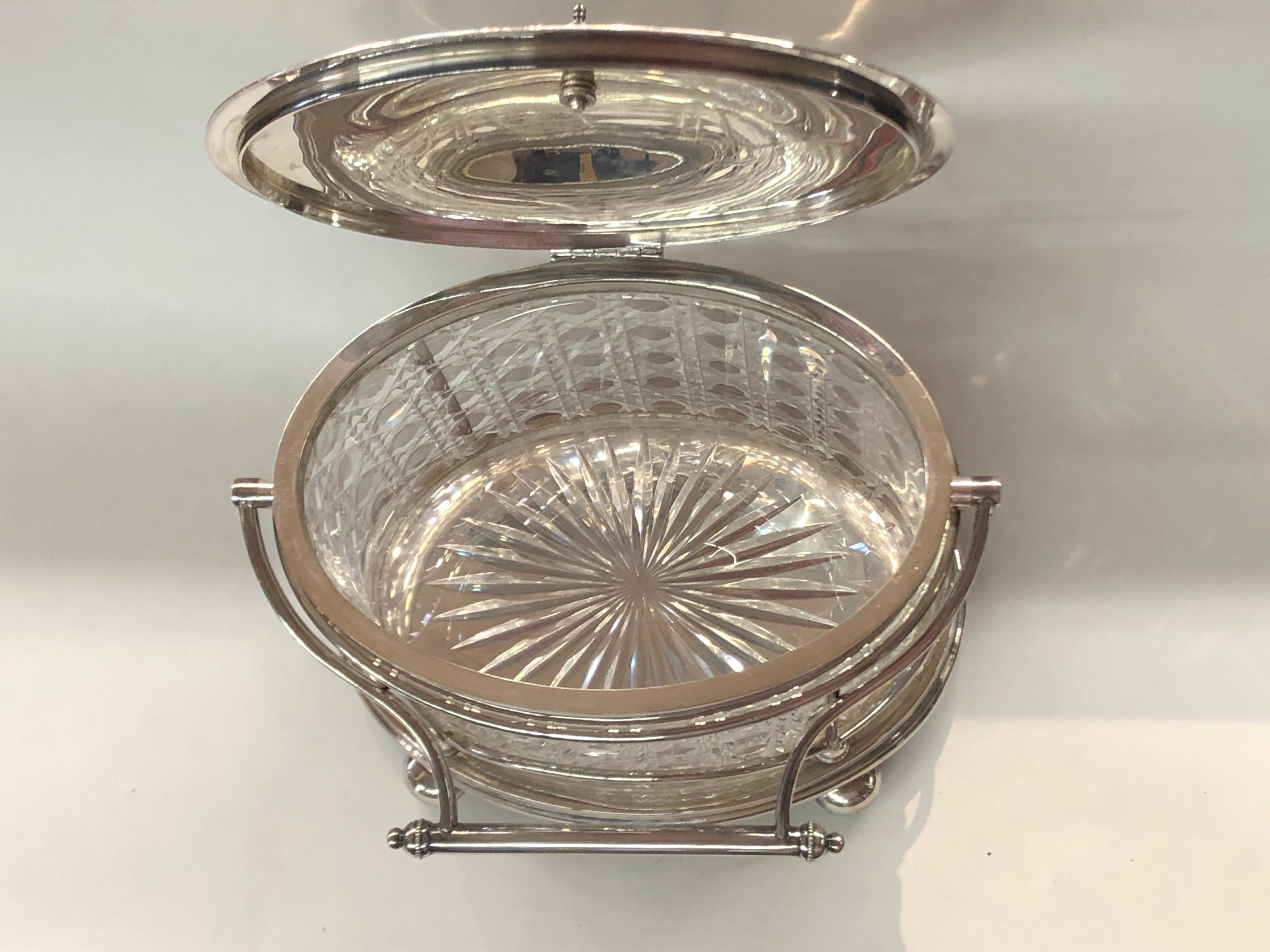 Hand-Carved Extraordinary Antique English Sheffield Silverplate & Cut Glass Oval Biscuit Box