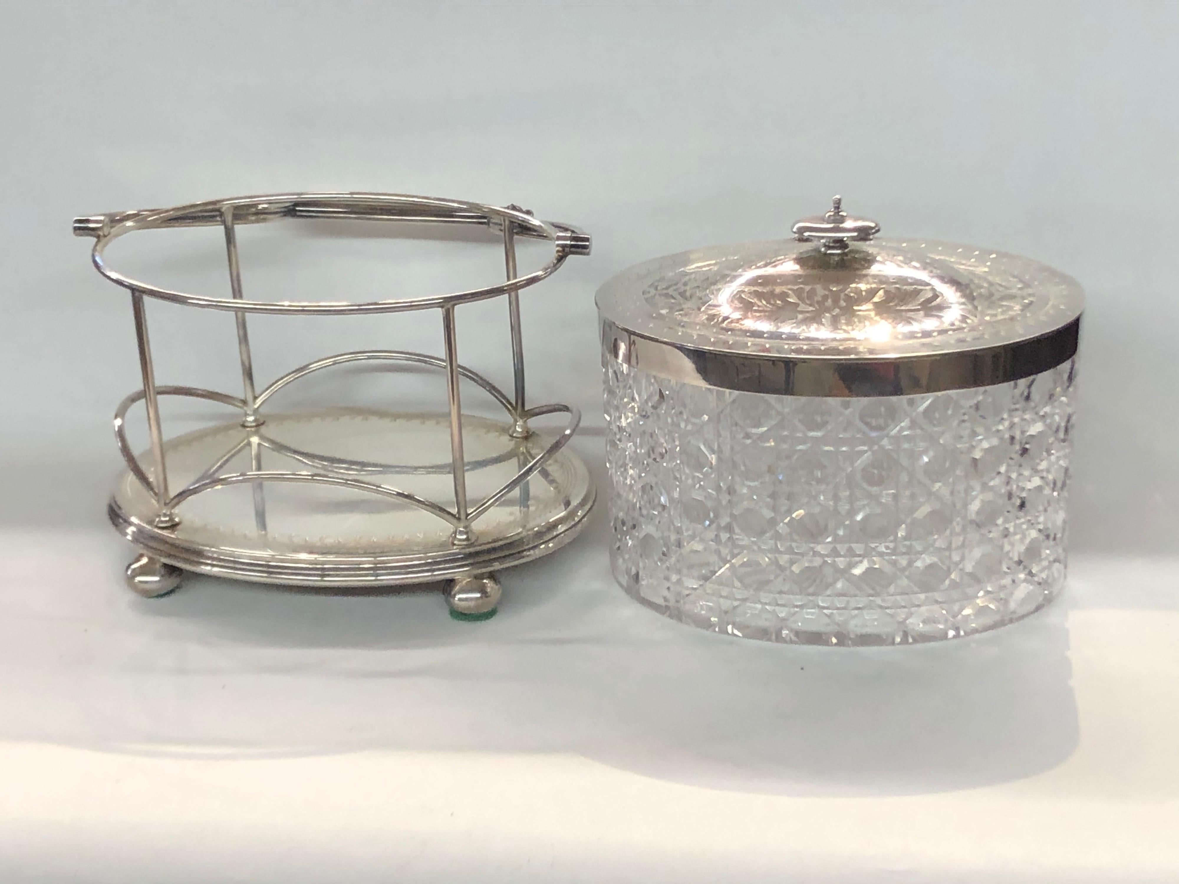 Silver Plate Extraordinary Antique English Sheffield Silverplate & Cut Glass Oval Biscuit Box