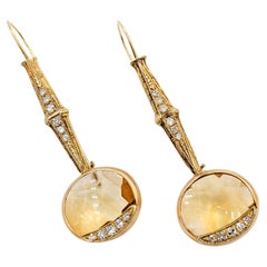 Extraordinary Antique Topaz & Diamond Drop Earrings in 14K Gold